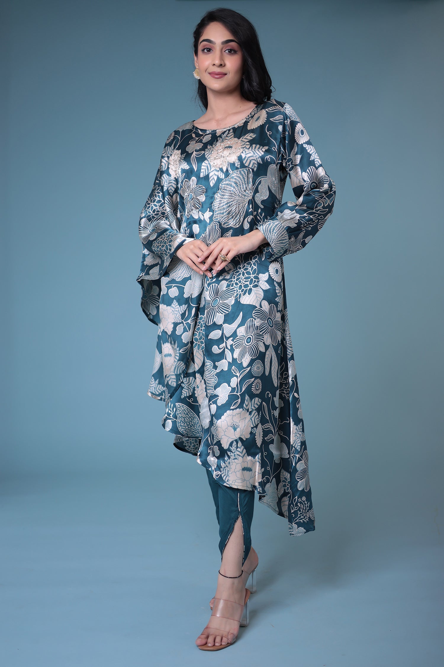 Printed Satin Silk Kurta Set Stitched with Aari work.