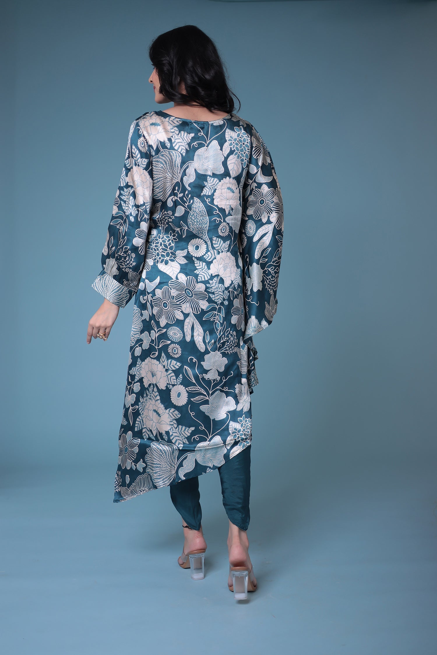 Printed Satin Silk Kurta Set Stitched with Aari work.