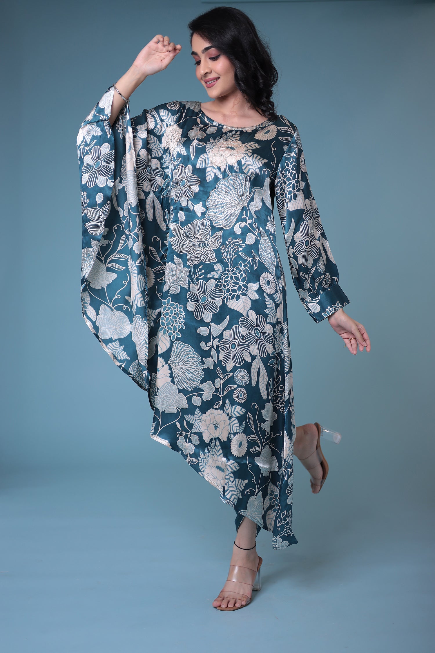 Printed Satin Silk Kurta Set Stitched with Aari work.