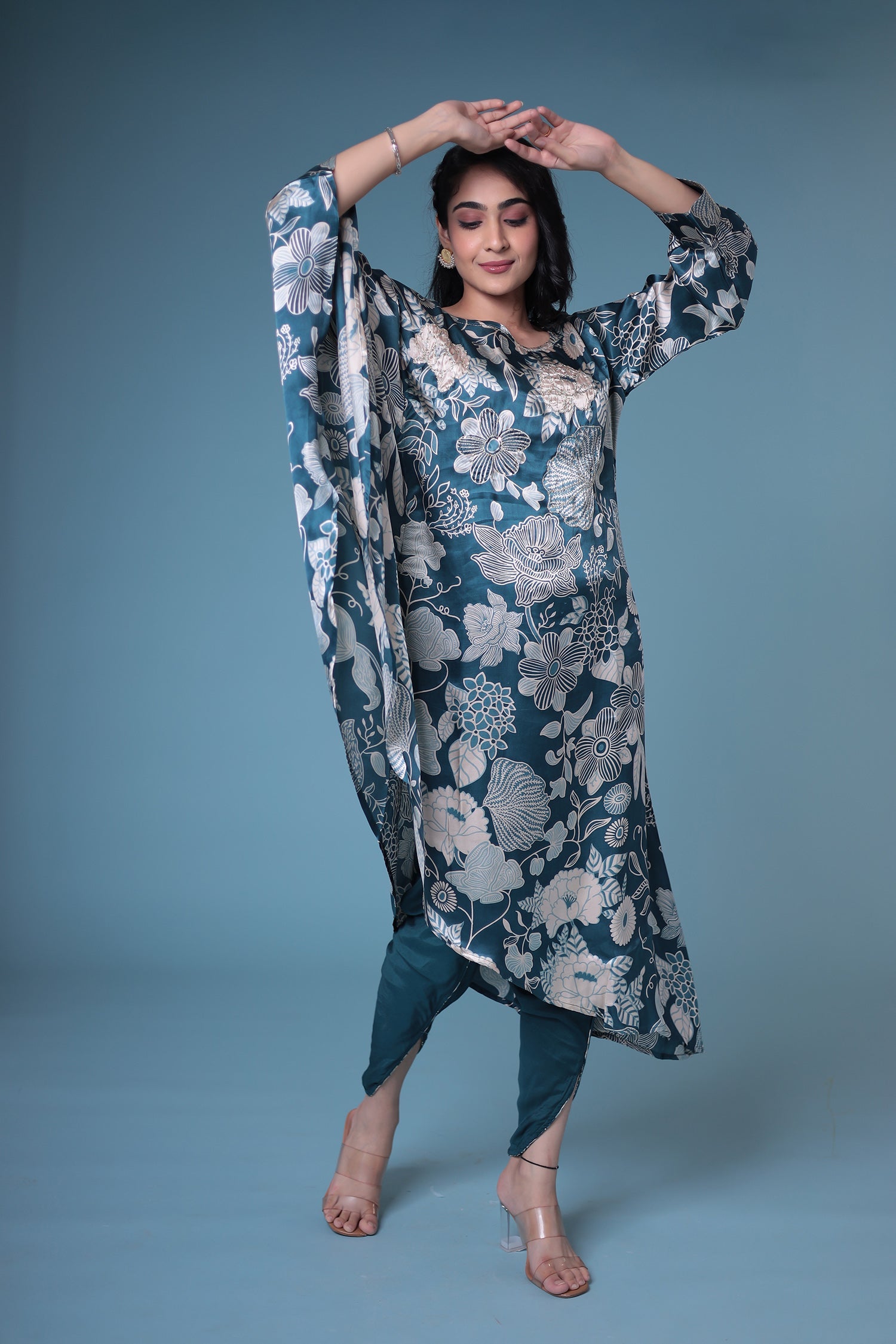 Printed Satin Silk Kurta Set Stitched with Aari work.