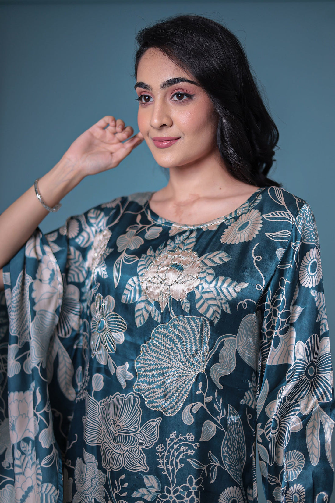 Printed Satin Silk Kurta Set Stitched with Aari work.