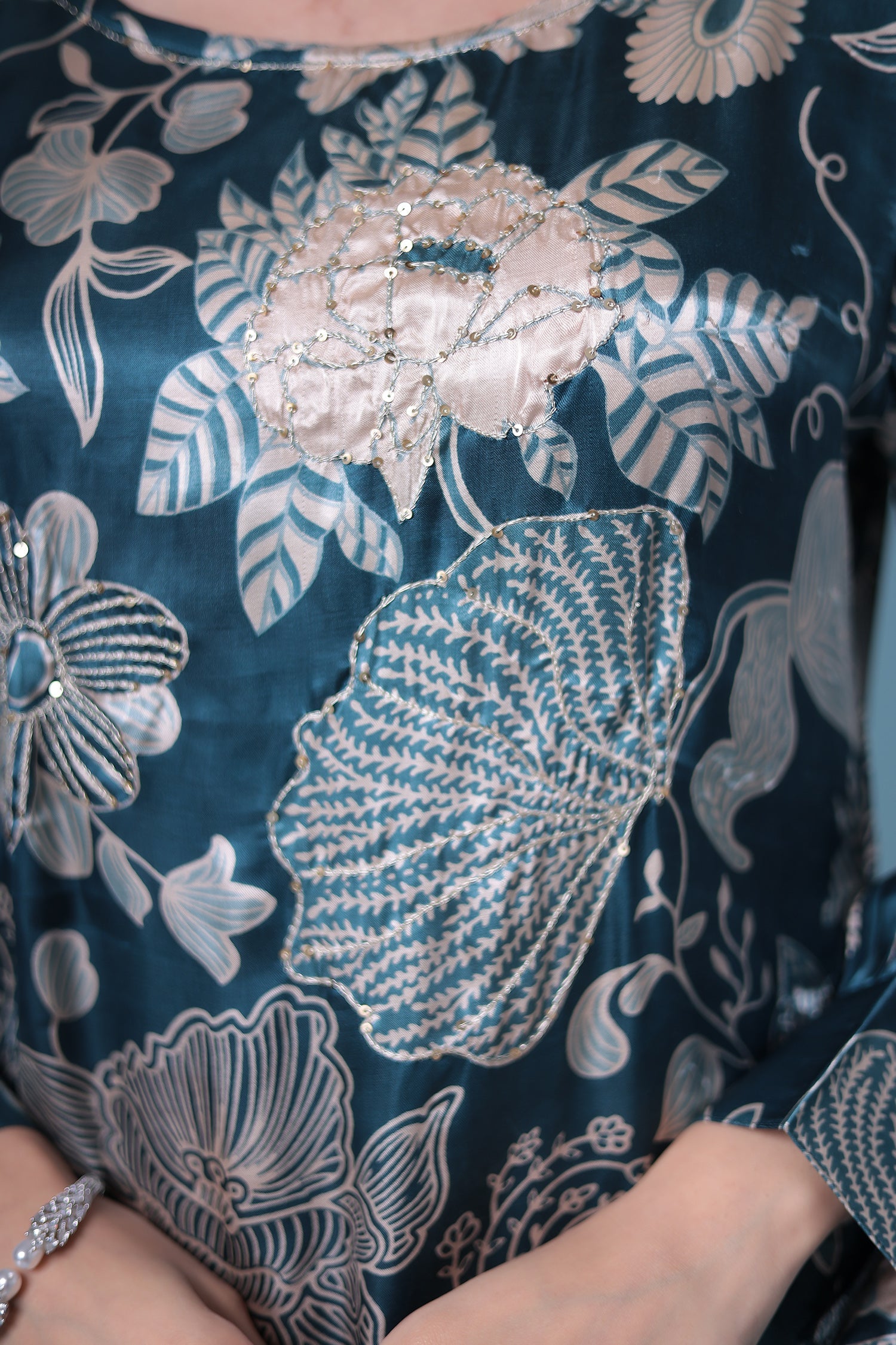 Printed Satin Silk Kurta Set Stitched with Aari work.