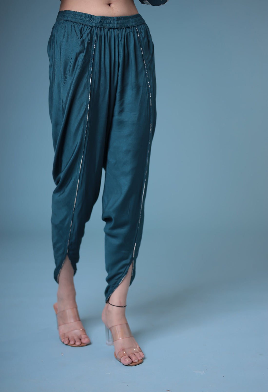 Printed Satin Silk Kurta Set Stitched with Aari work.