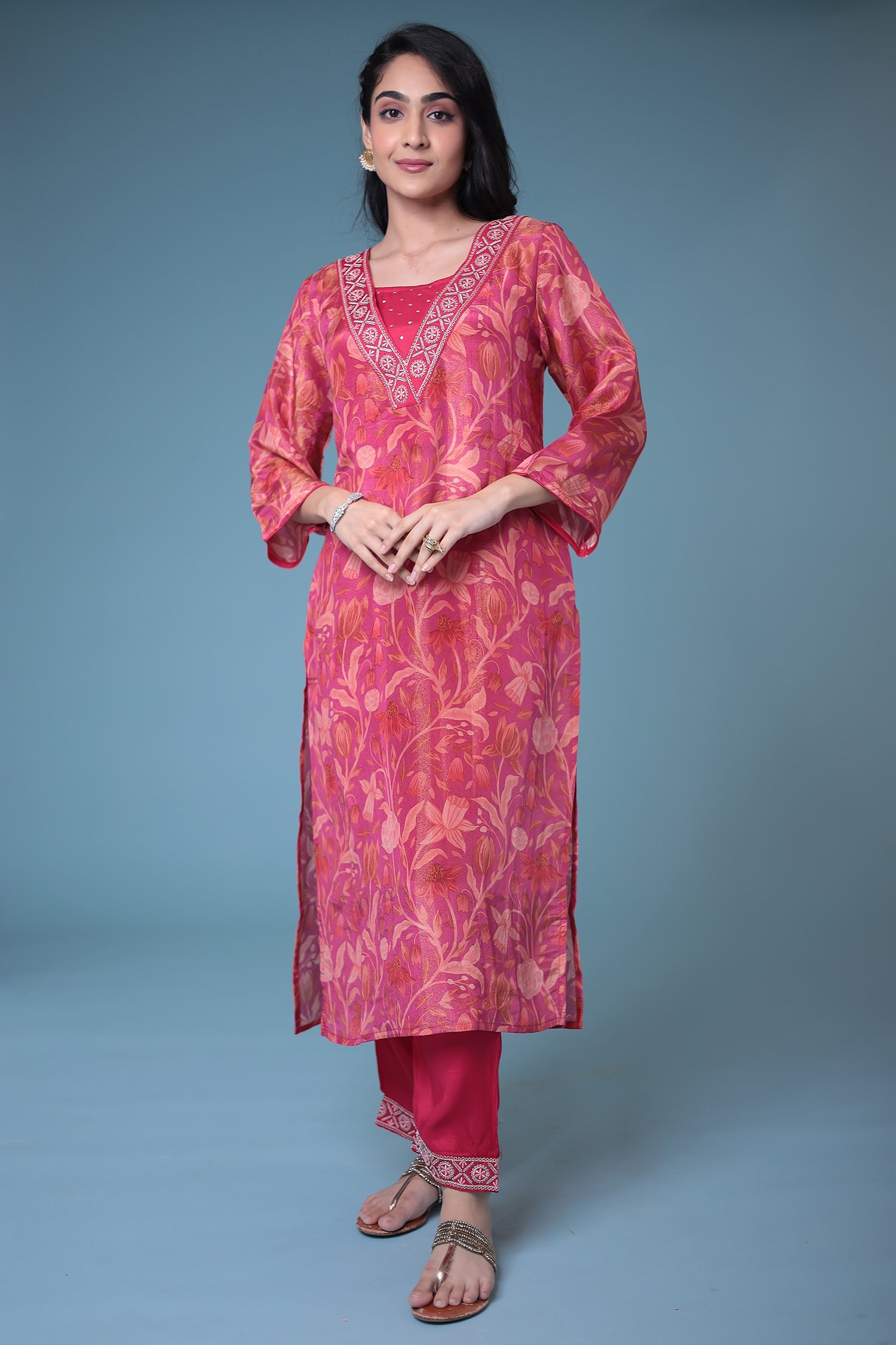 Printed Silk Kurta Set Stitched with Embroidered work.