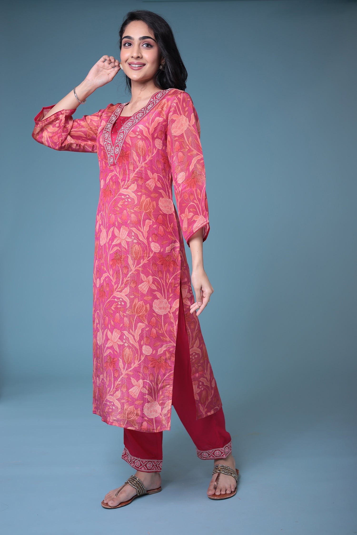 Printed Silk Kurta Set Stitched with Embroidered work.