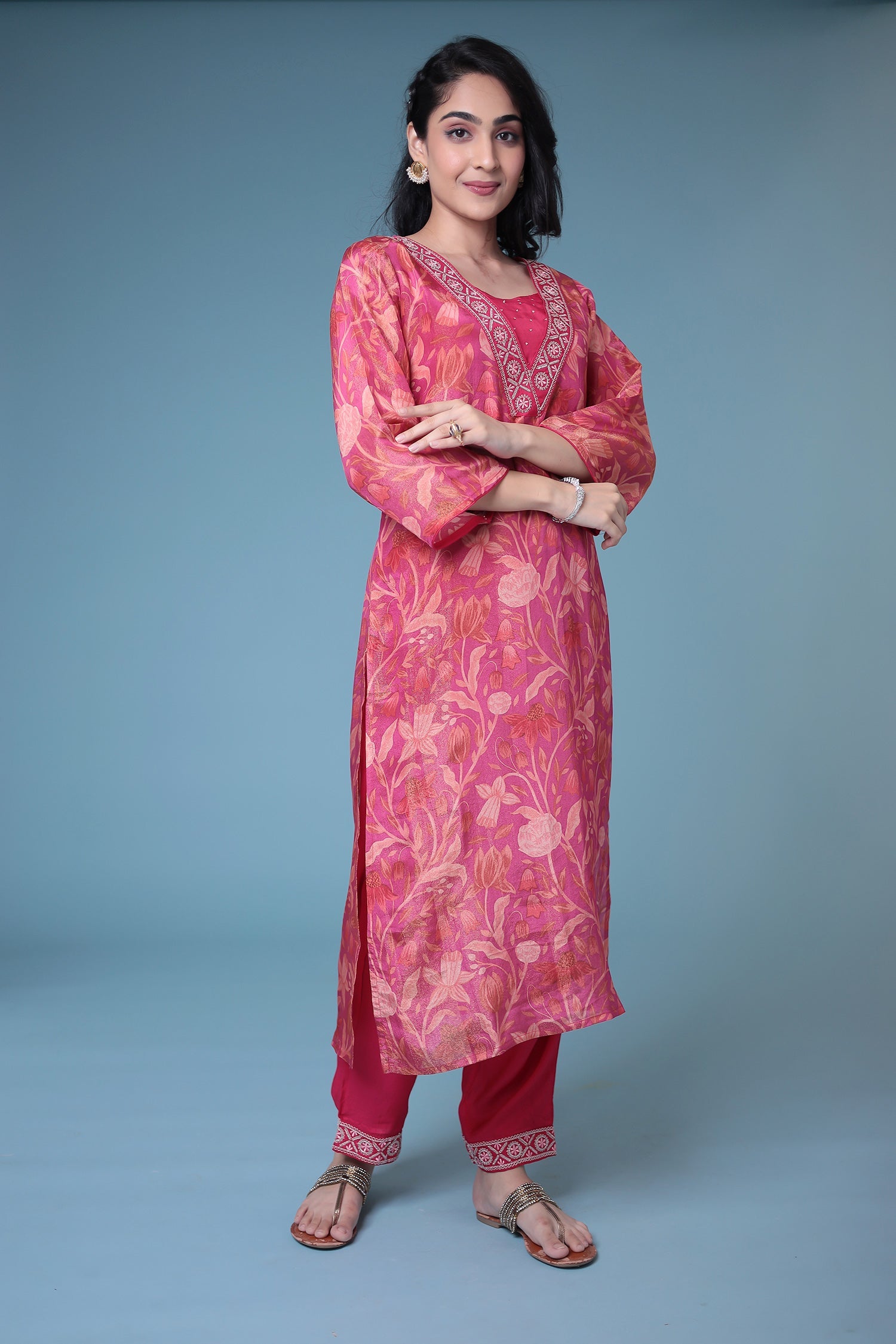 Printed Silk Kurta Set Stitched with Embroidered work.