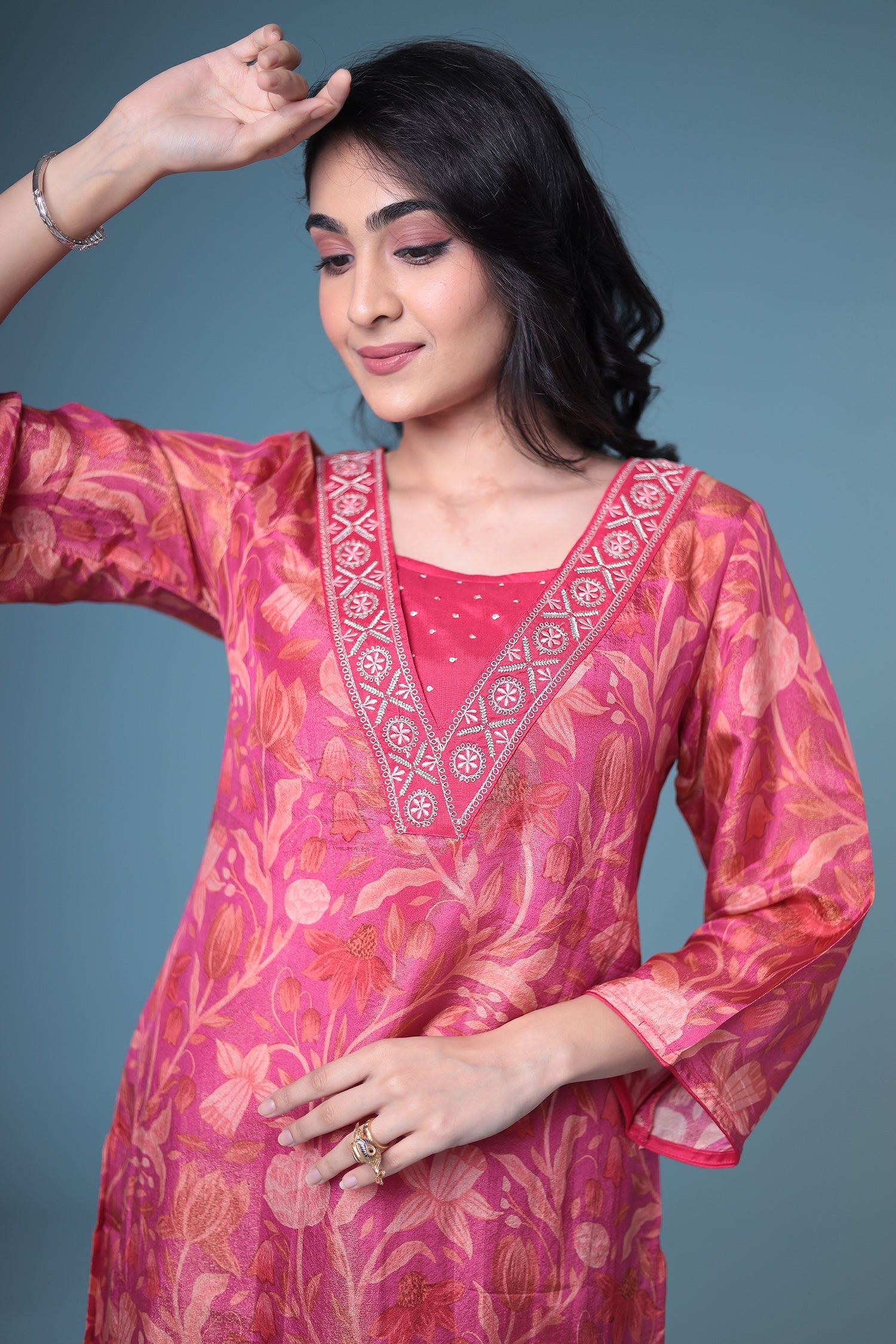 Printed Silk Kurta Set Stitched with Embroidered work.