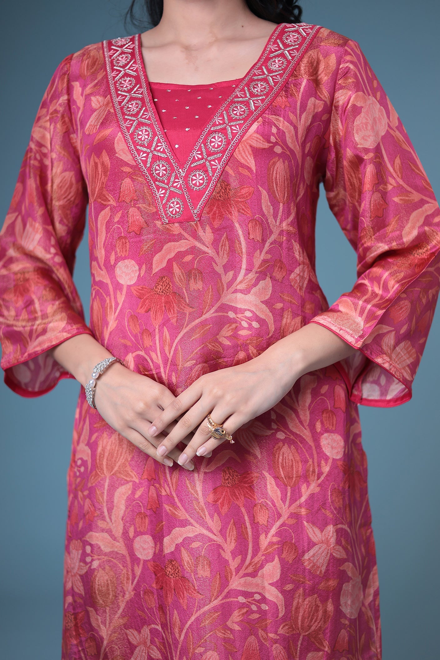 Printed Silk Kurta Set Stitched with Embroidered work.
