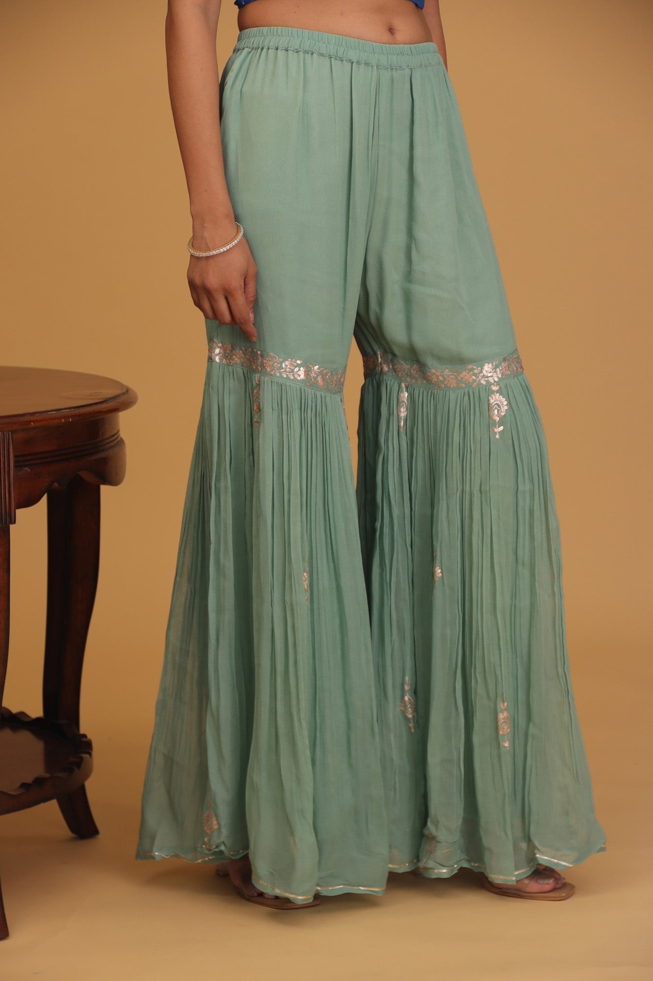 Georgette Straight Cut Sharara Suit with Pittan work.