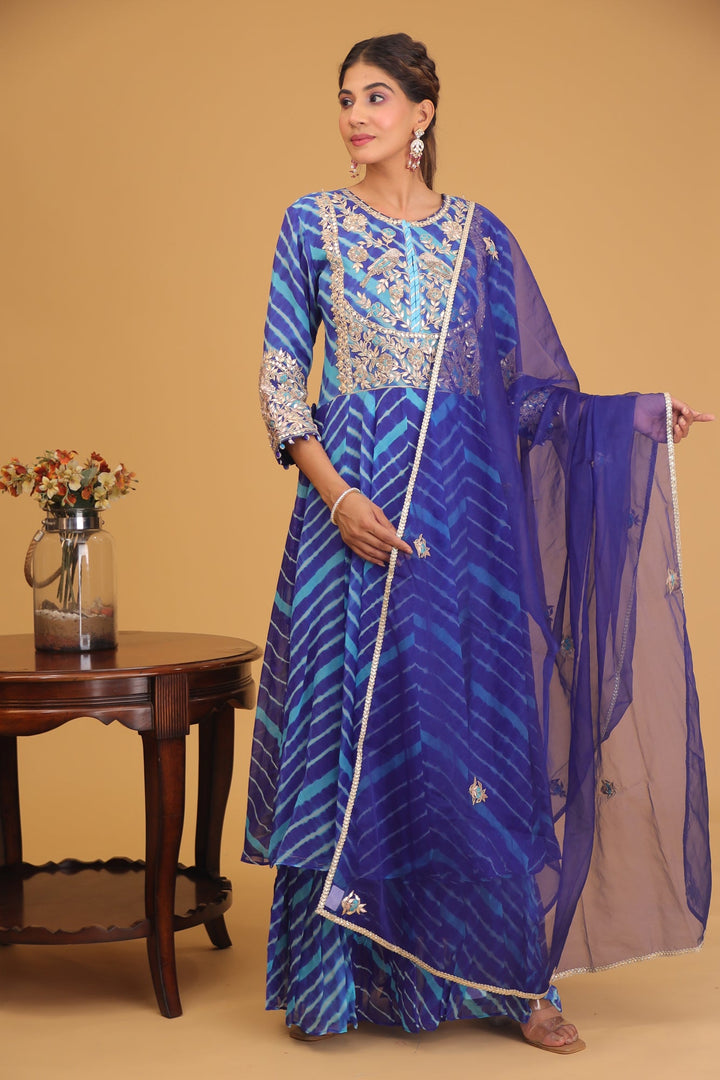 Leheriya Organza Suit with Gota Patti work.