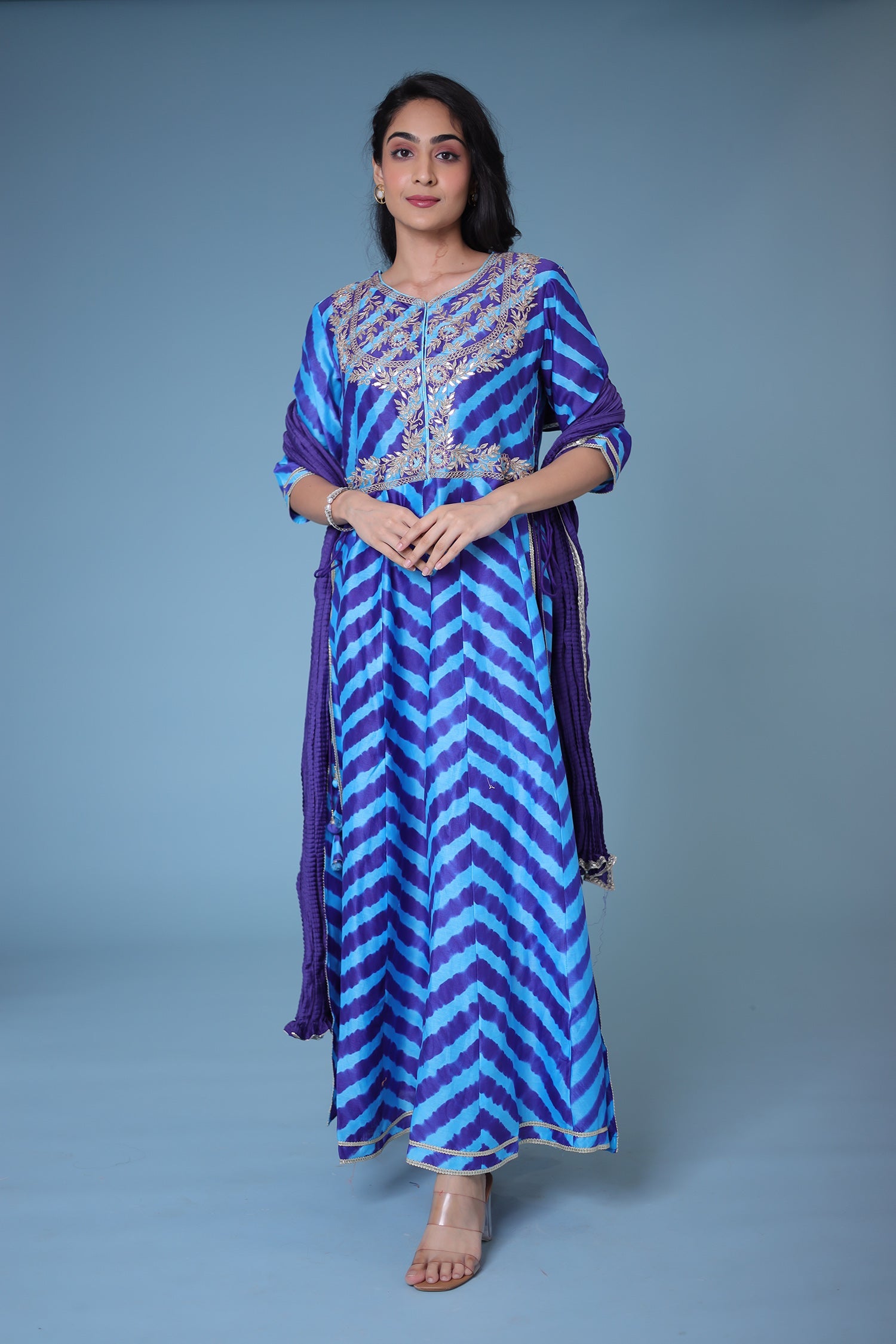 Leheriya Anarkali Chanderi Suit with Gota Patti work.