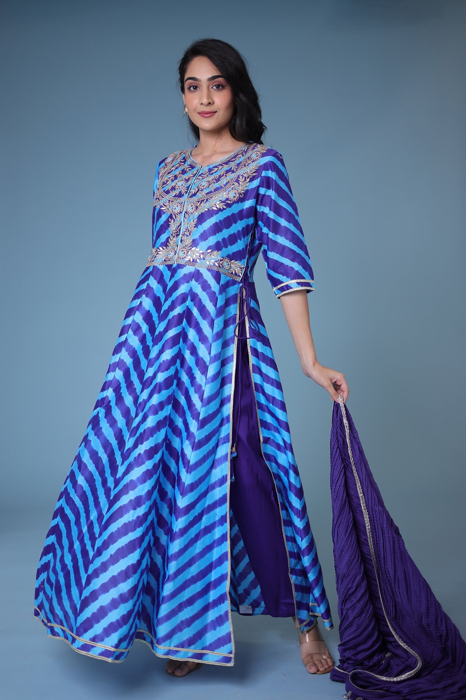 Leheriya Anarkali Chanderi Suit with Gota Patti work.