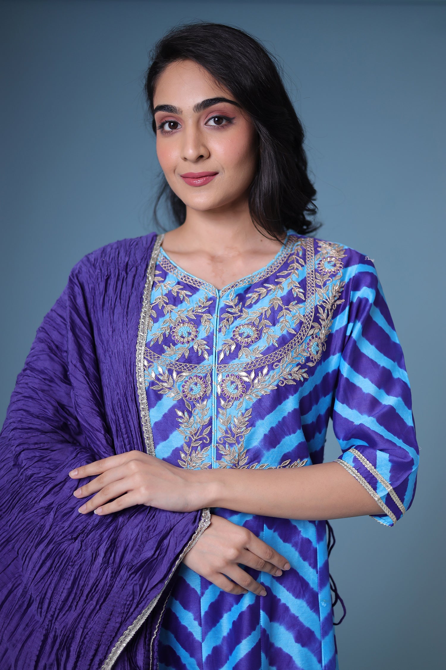 Leheriya Anarkali Chanderi Suit with Gota Patti work.