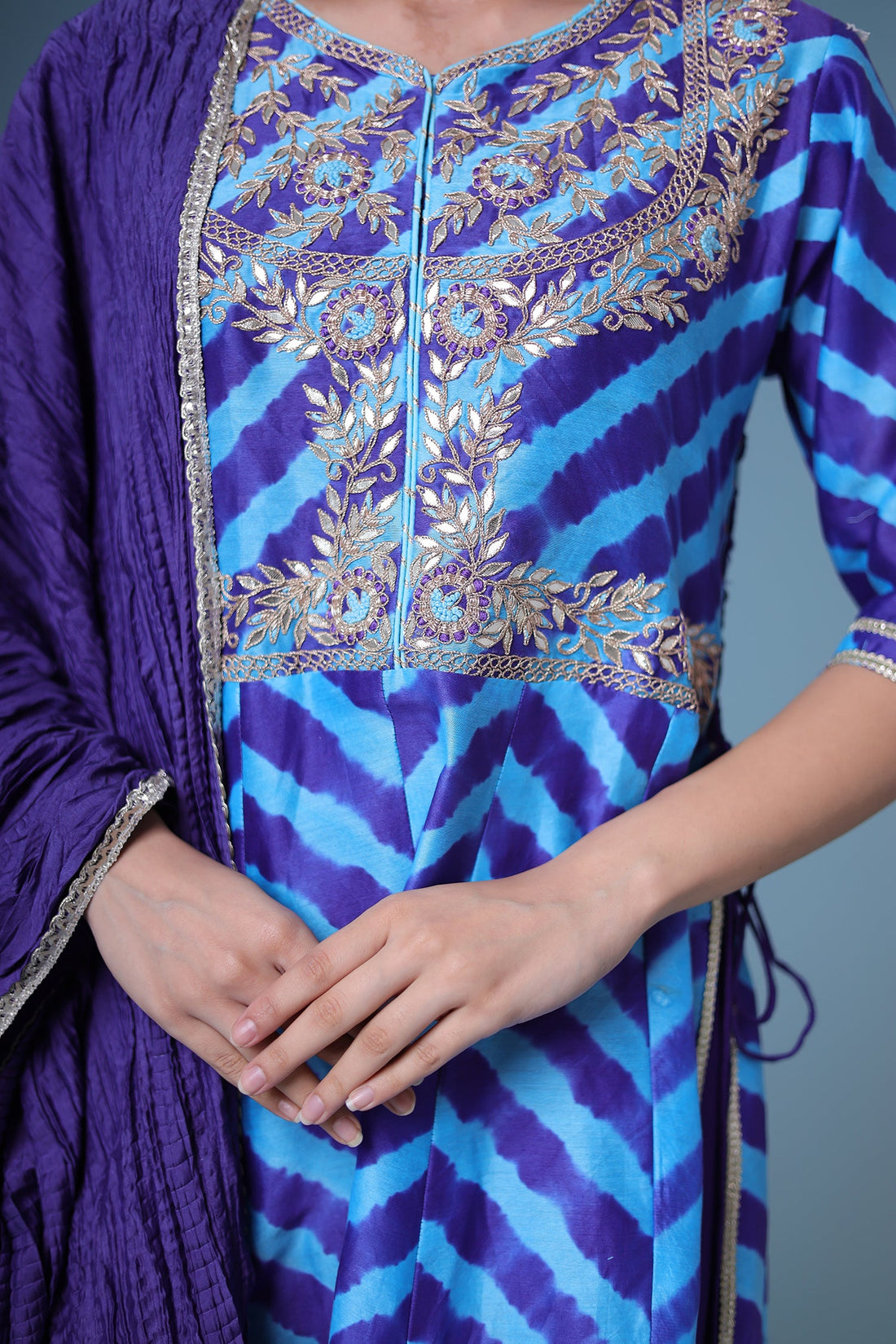Leheriya Anarkali Chanderi Suit with Gota Patti work.