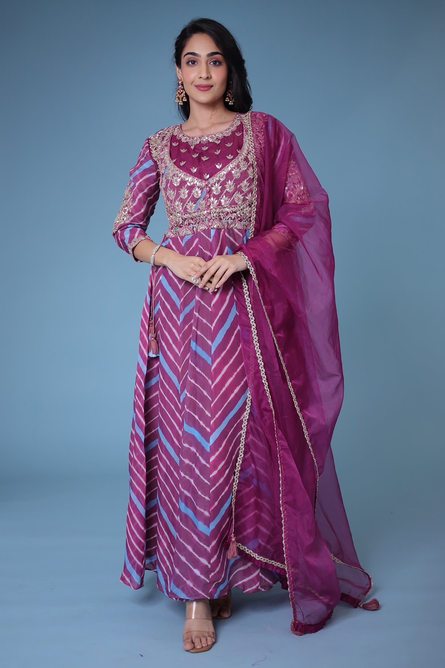 Leheriya Anarkali Chanderi Suit with Gota Patti work.