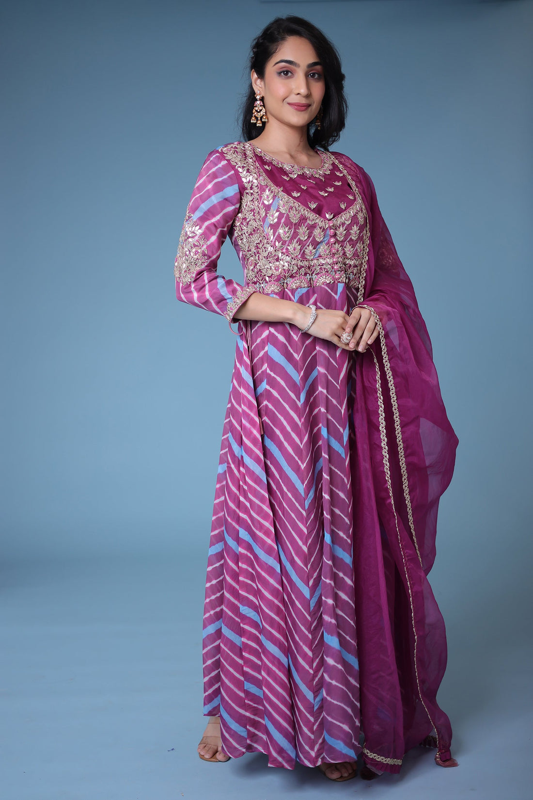 Leheriya Anarkali Chanderi Suit with Gota Patti work.