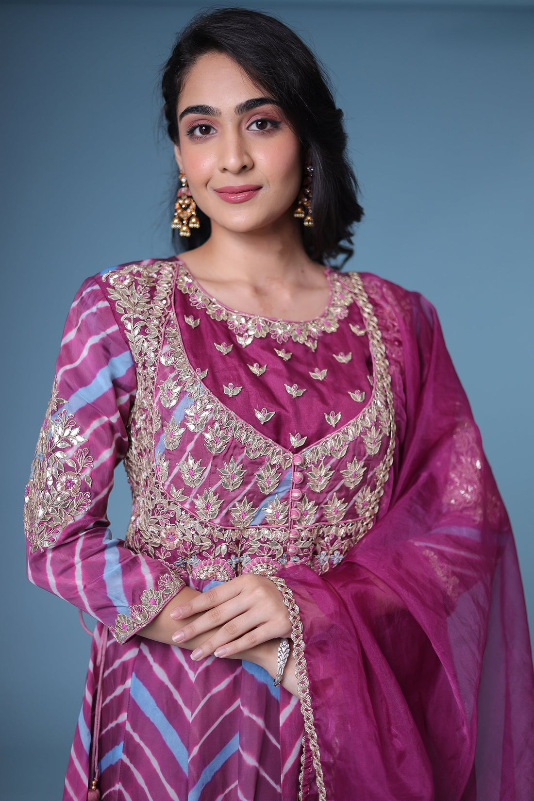 Leheriya Anarkali Chanderi Suit with Gota Patti work.