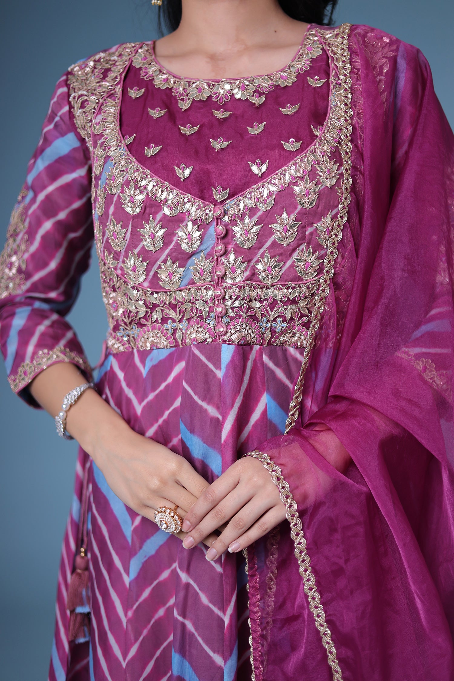 Leheriya Anarkali Chanderi Suit with Gota Patti work.