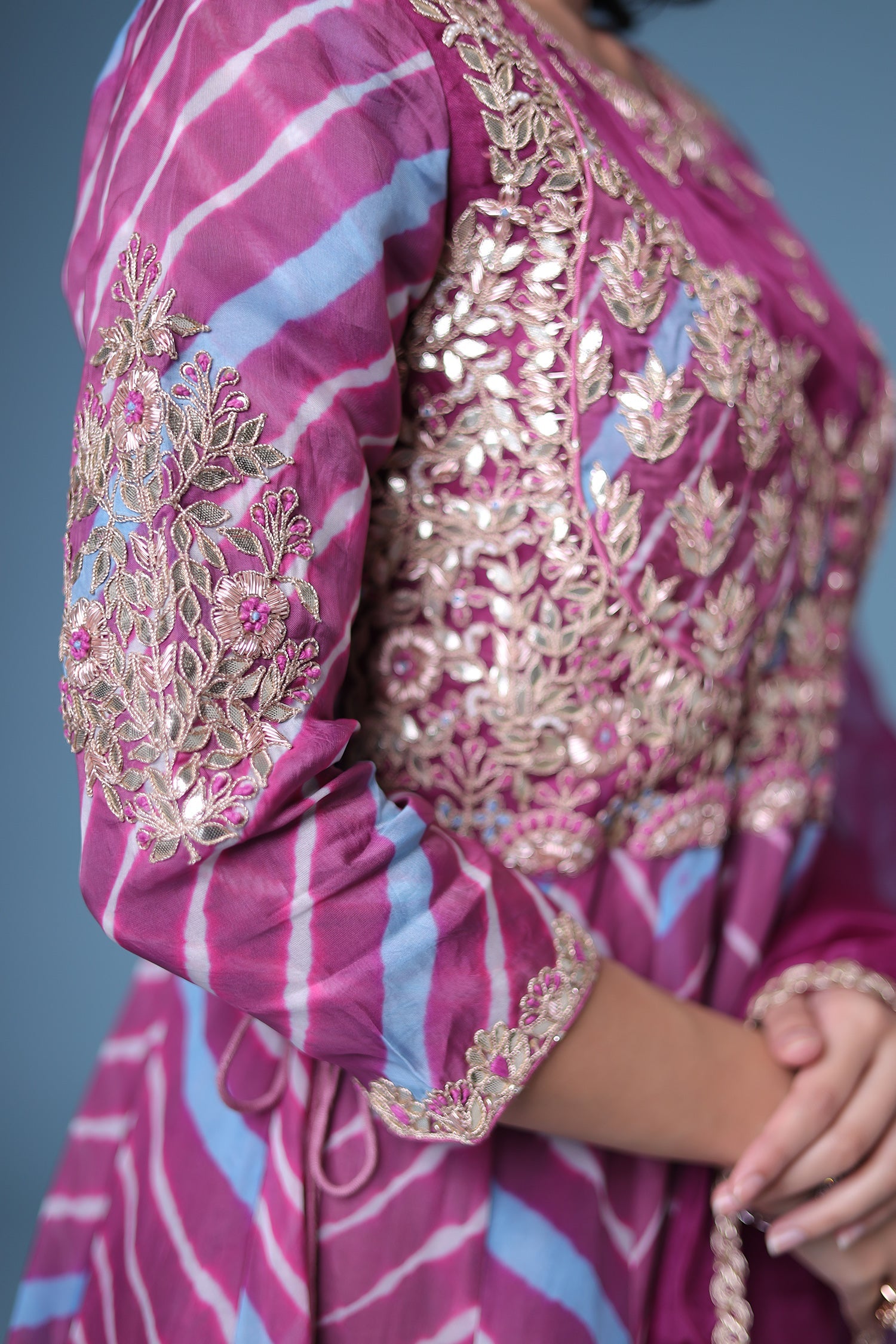 Leheriya Anarkali Chanderi Suit with Gota Patti work.