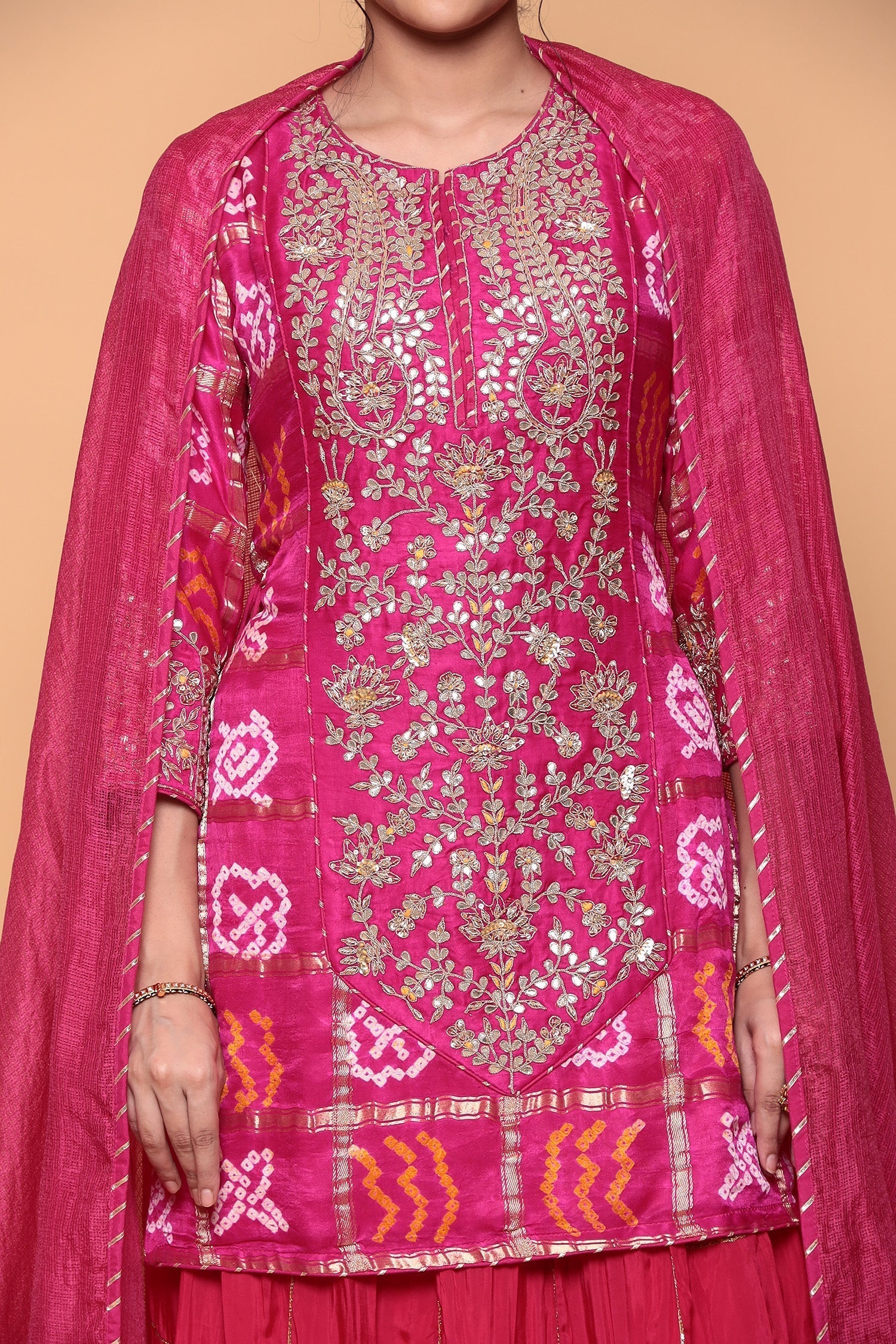 Silk Suit with Gota Patti, Ghat chola work.