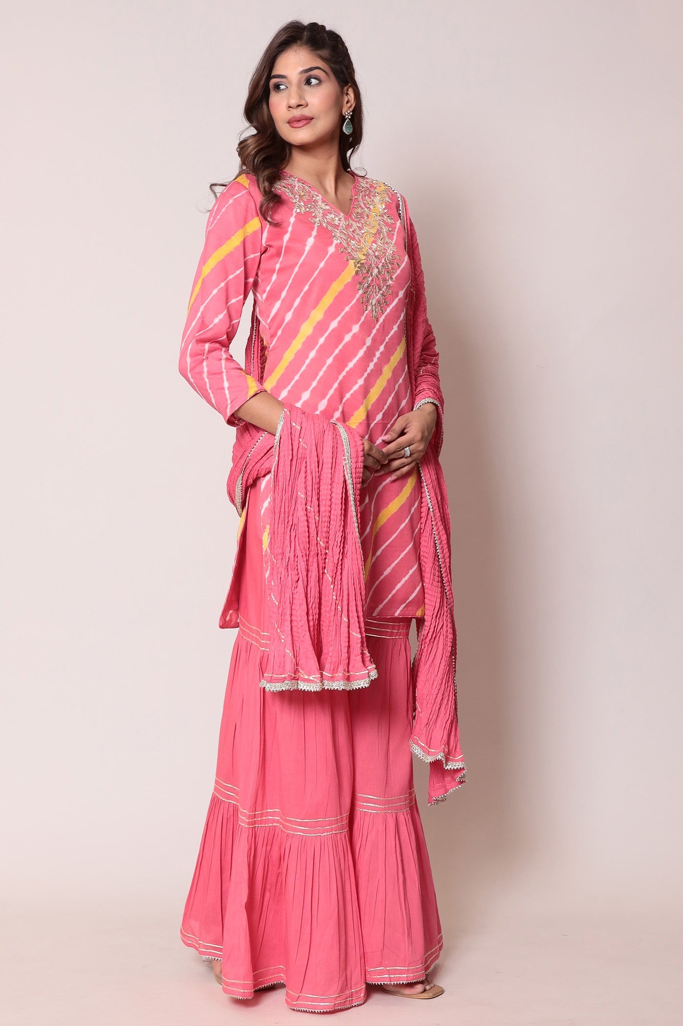 Leheriya Cotton Silk Sharara Suit with Gota Patti work.