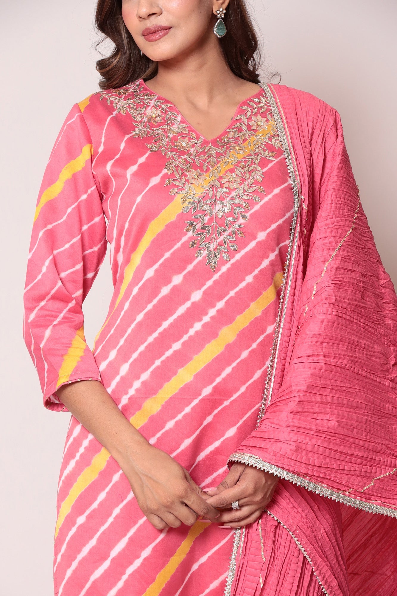 Leheriya Cotton Silk Sharara Suit with Gota Patti work.