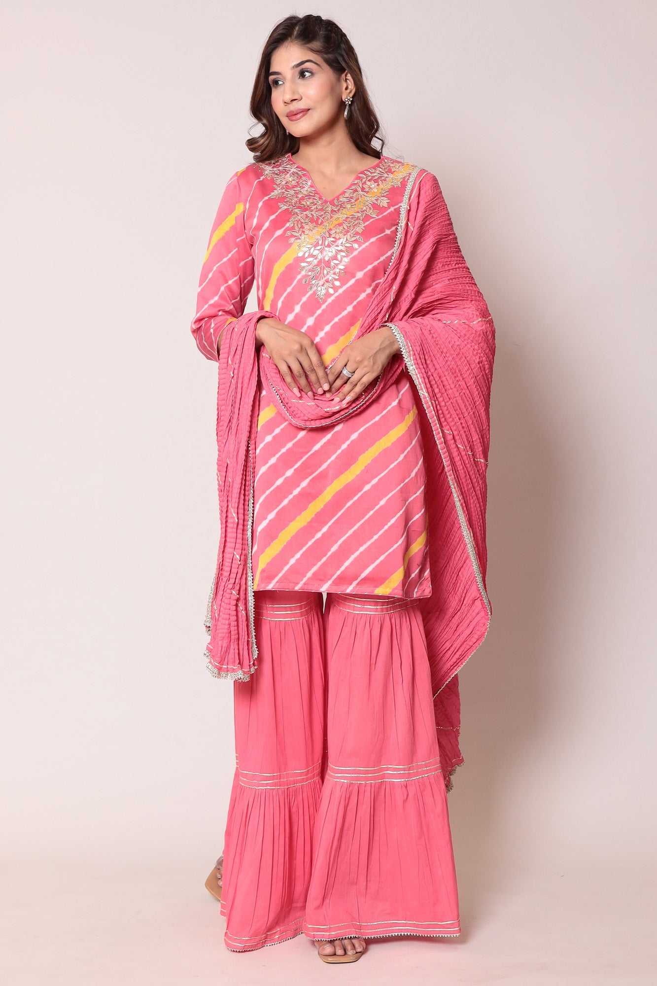 Leheriya Cotton Silk Sharara Suit with Gota Patti work.