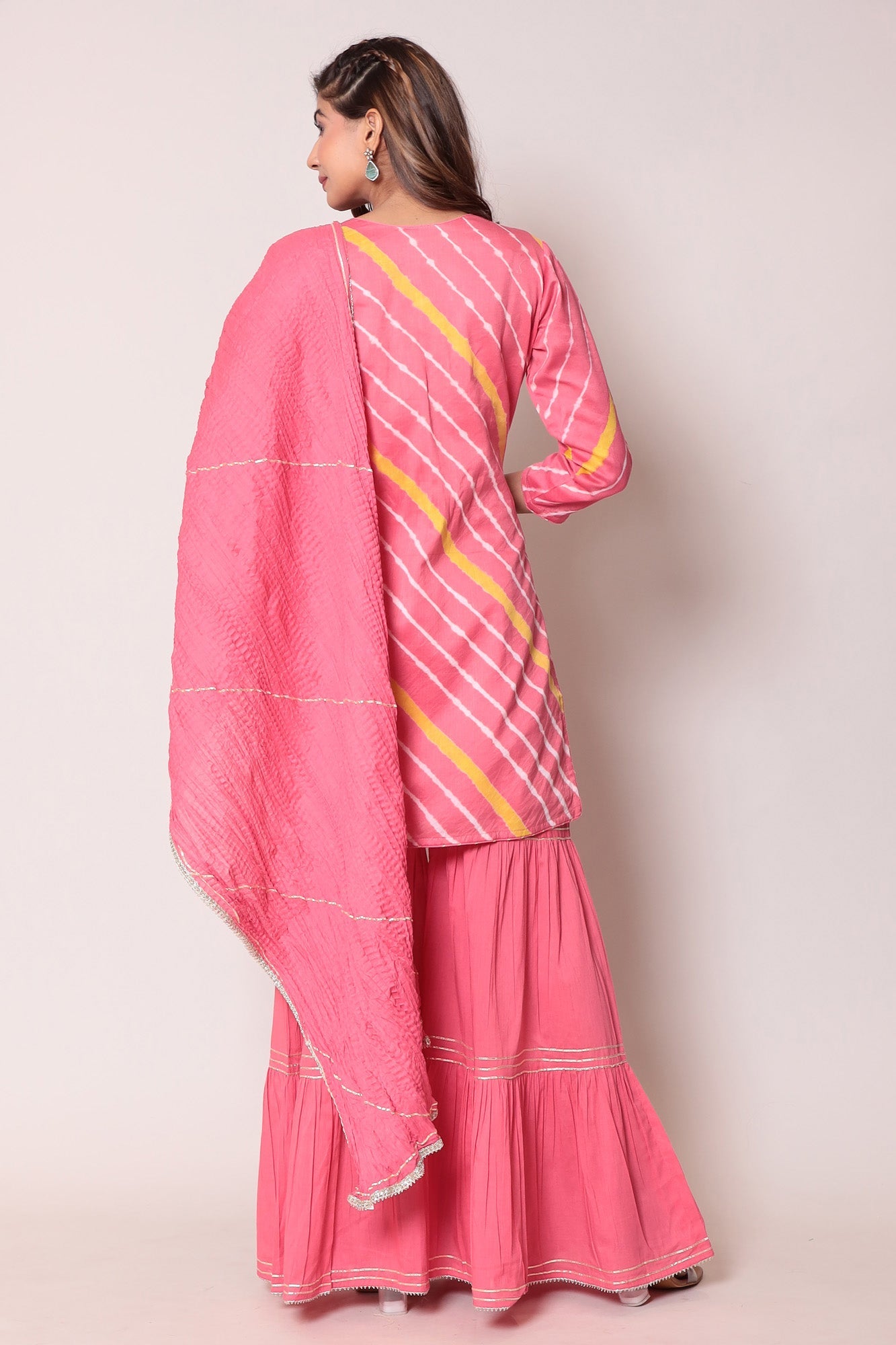 Leheriya Cotton Silk Sharara Suit with Gota Patti work.