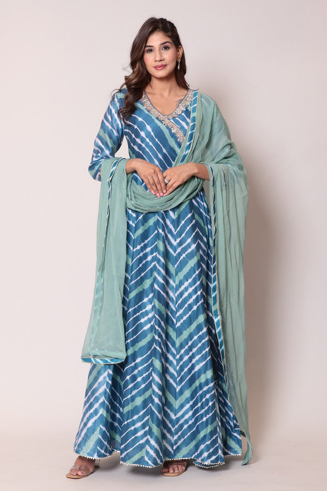Leheriya Floor Length Anarkali Cotton Silk Suit with Gota Patti work