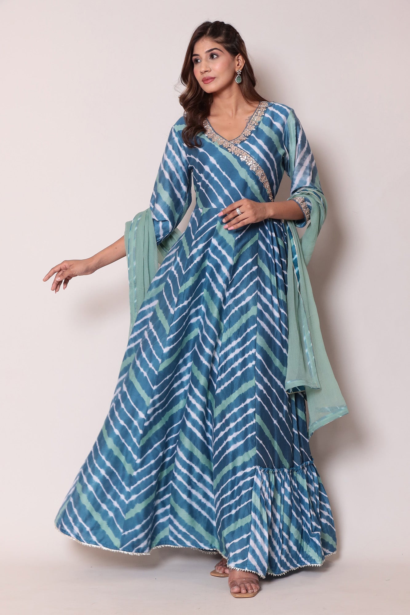 Leheriya Floor Length Anarkali Cotton Silk Suit with Gota Patti work