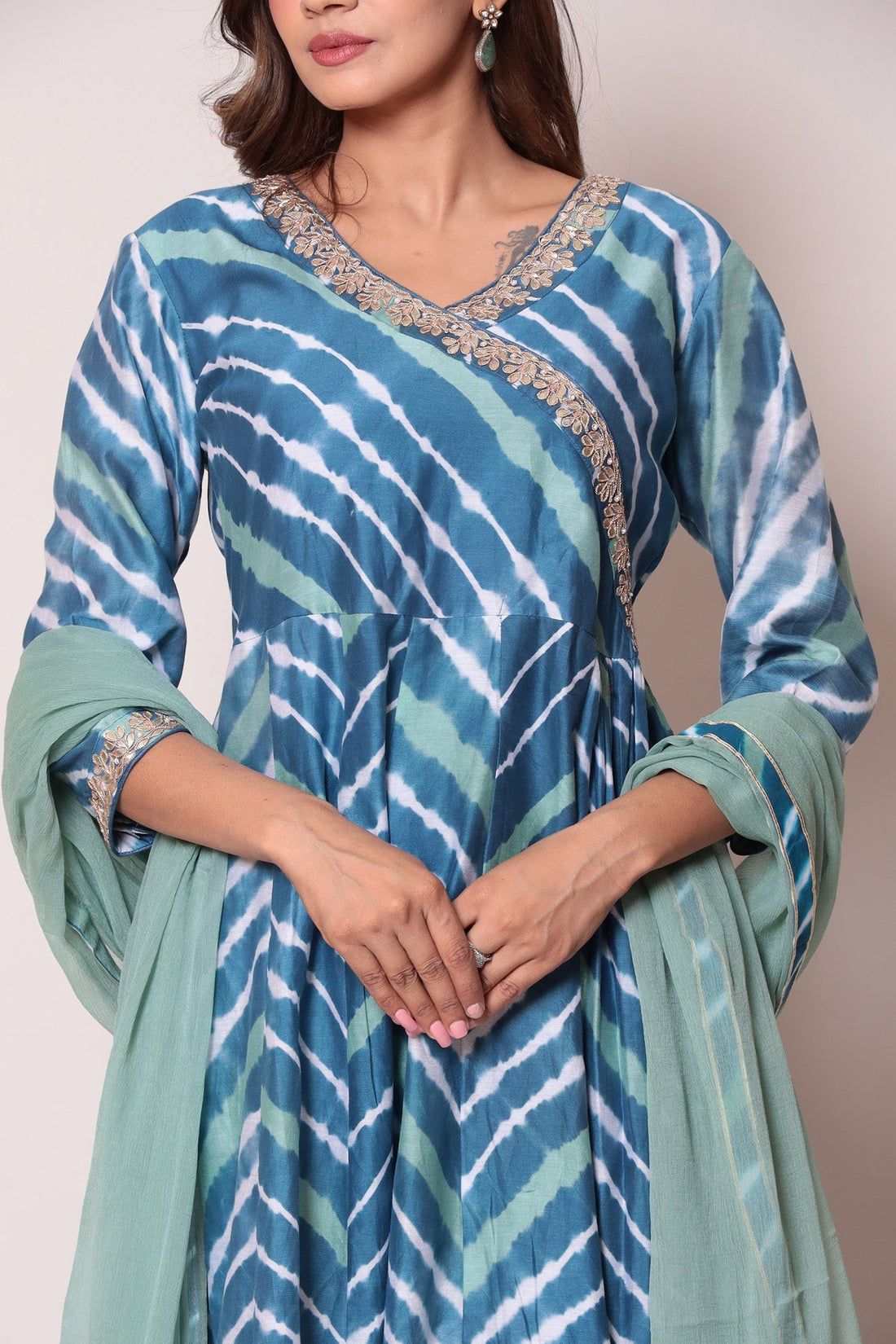 Leheriya Floor Length Anarkali Cotton Silk Suit with Gota Patti work