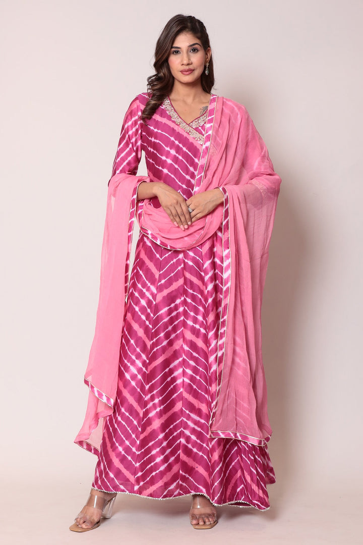 Leheriya Floor Length Anarkali Cotton Silk Suit with Gota Patti work