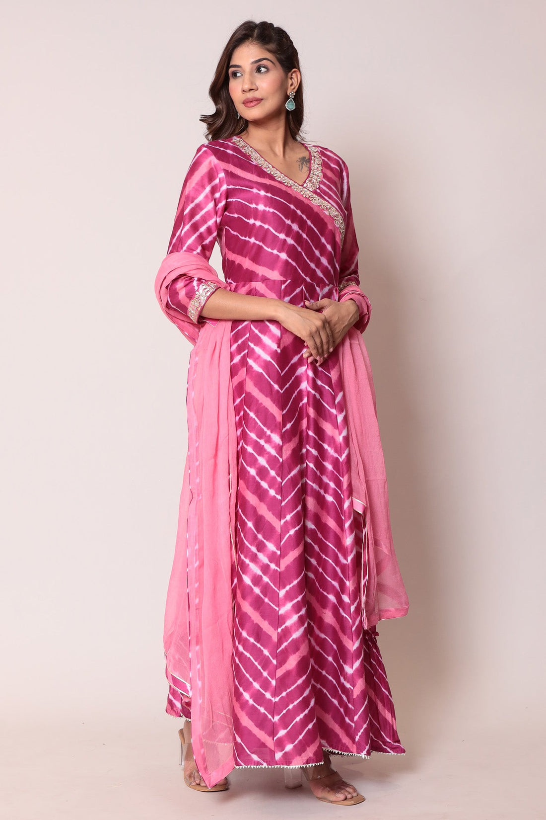 Leheriya Floor Length Anarkali Cotton Silk Suit with Gota Patti work