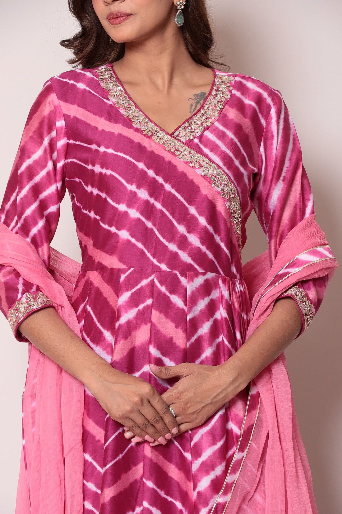 Leheriya Floor Length Anarkali Cotton Silk Suit with Gota Patti work