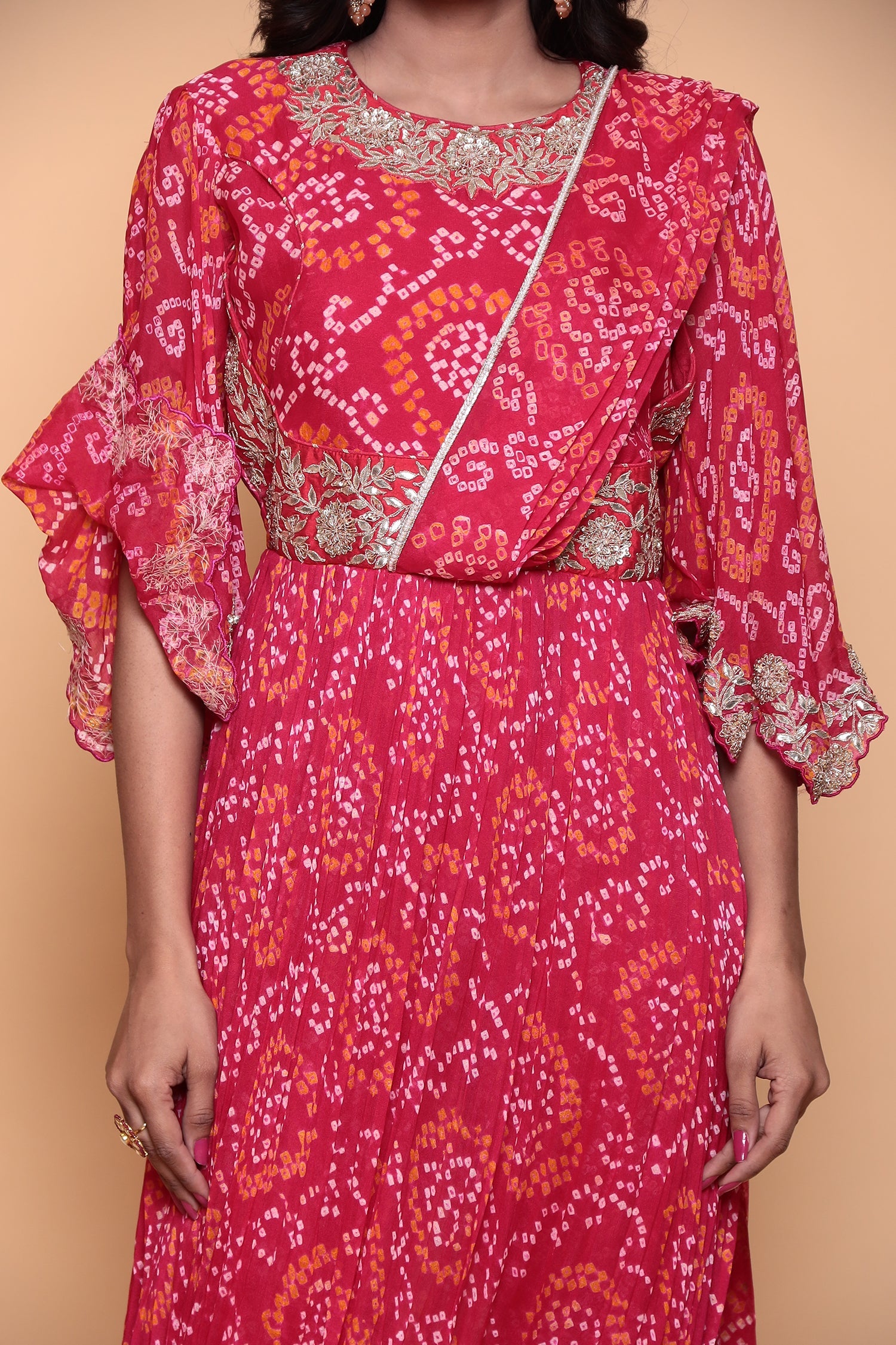 Bandhej Georgette Jump Suit with Gota Patti work.