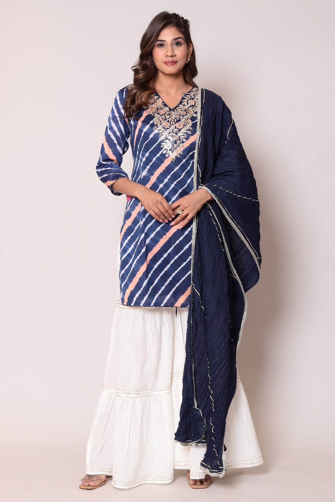 Leheriya Cotton Silk Sharara Suit with Gota Patti work.