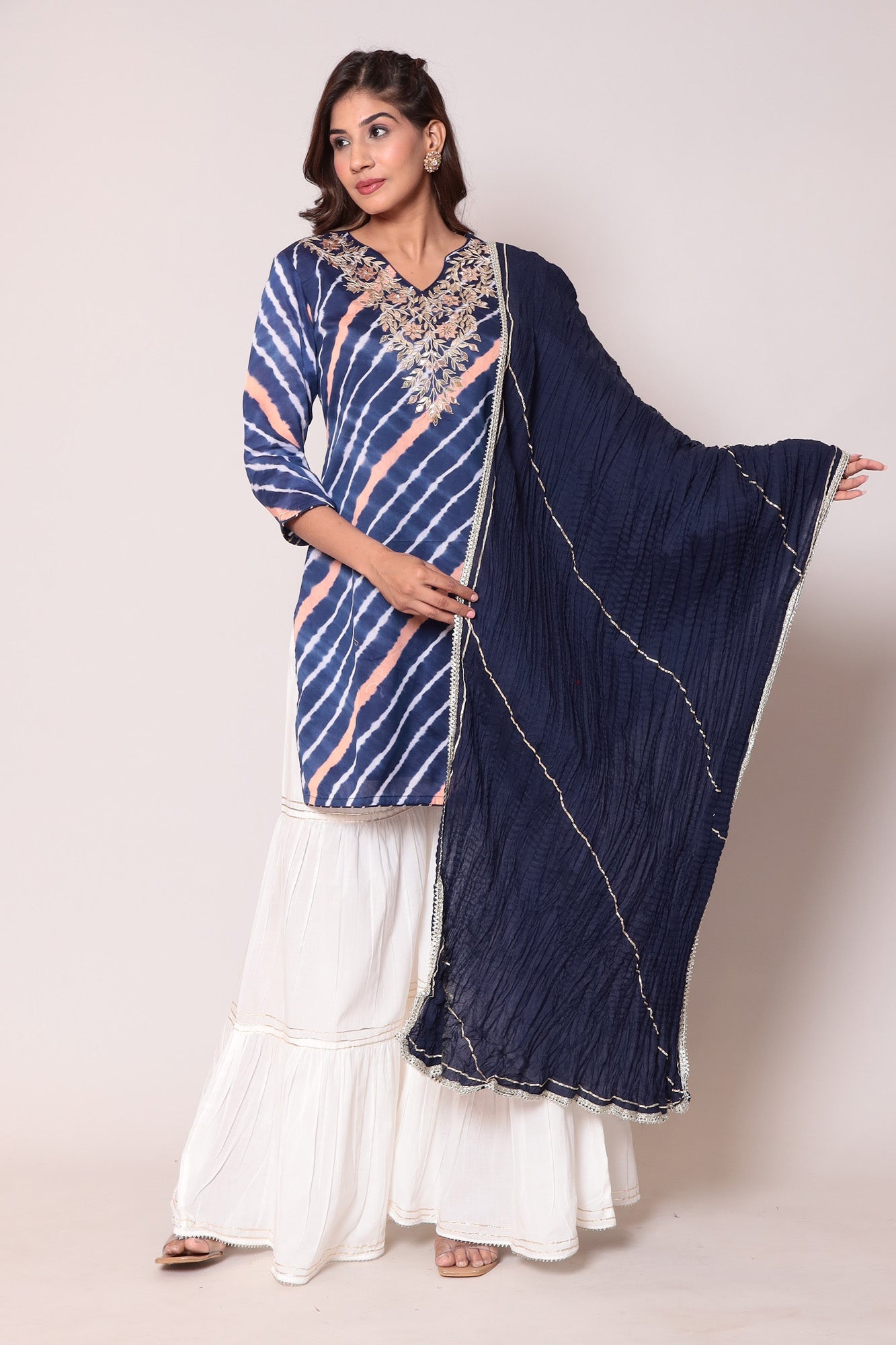 Leheriya Cotton Silk Sharara Suit with Gota Patti work.