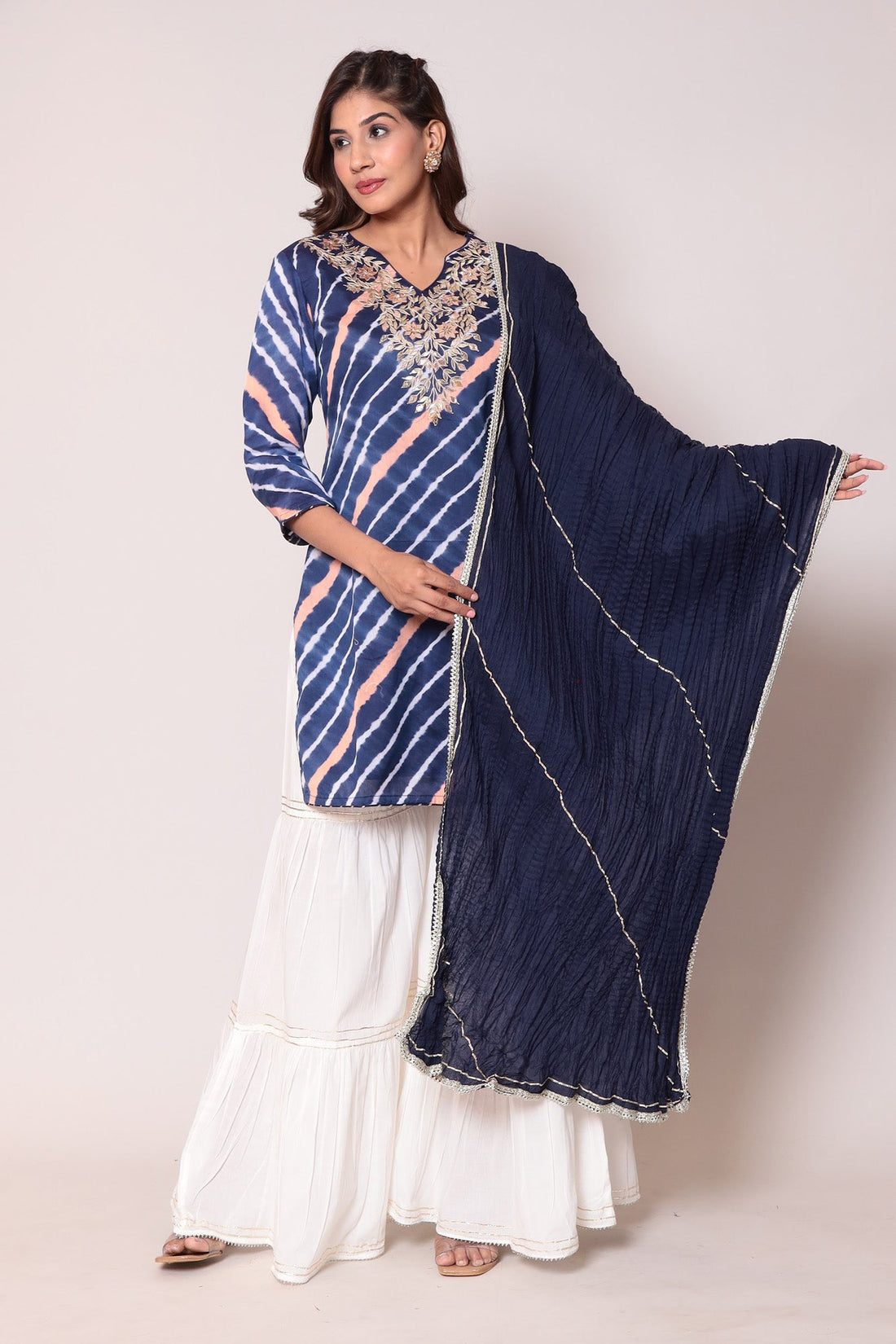 Leheriya Cotton Silk Sharara Suit with Gota Patti work.