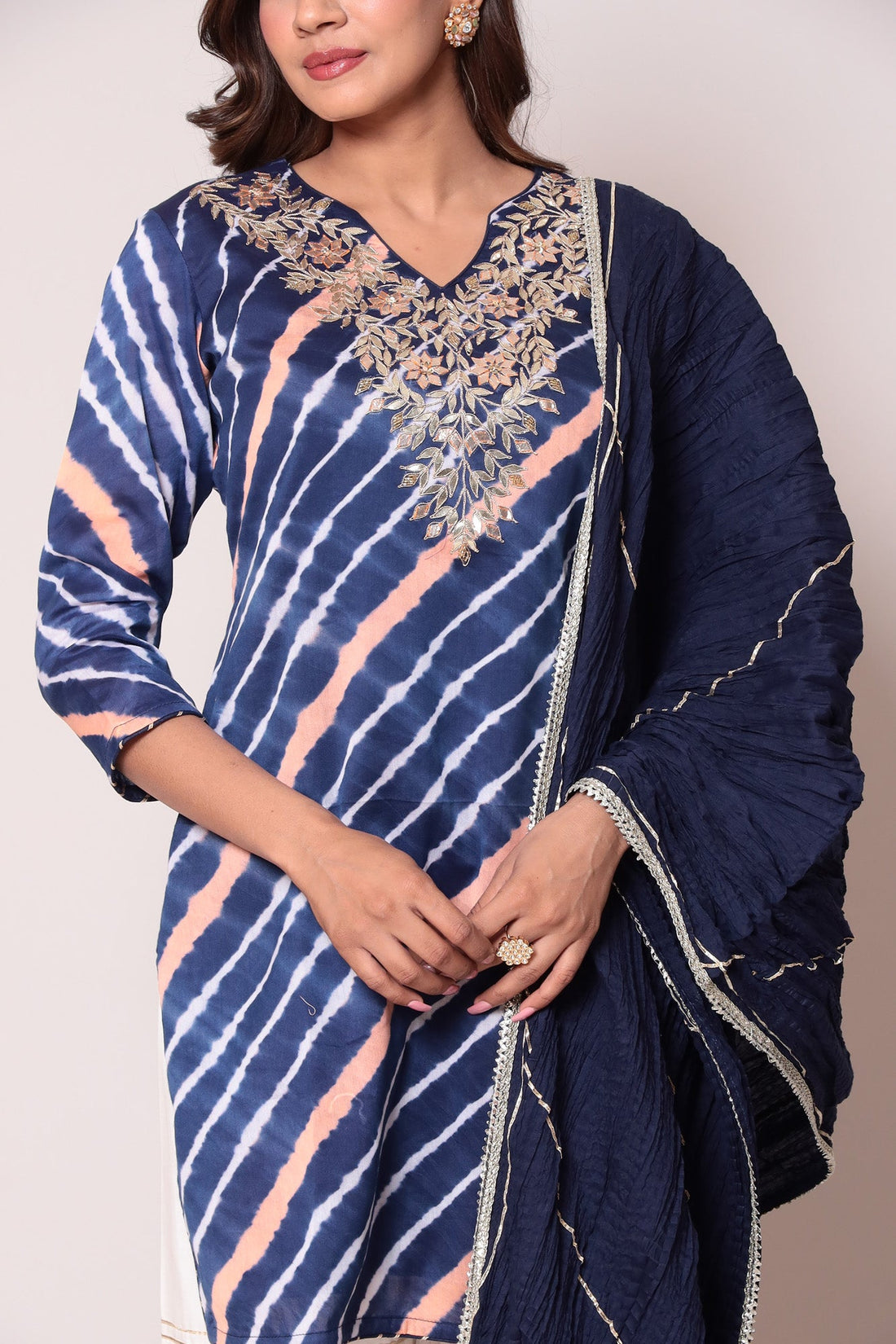 Leheriya Cotton Silk Sharara Suit with Gota Patti work.
