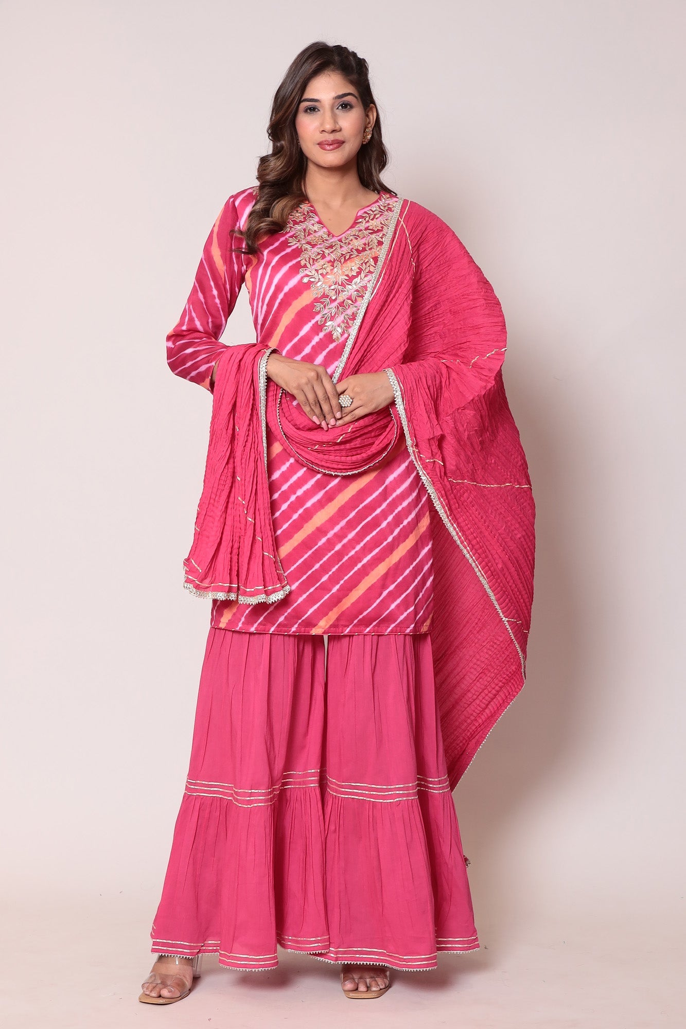 Leheriya Cotton Silk Sharara Suit with Gota Patti work.
