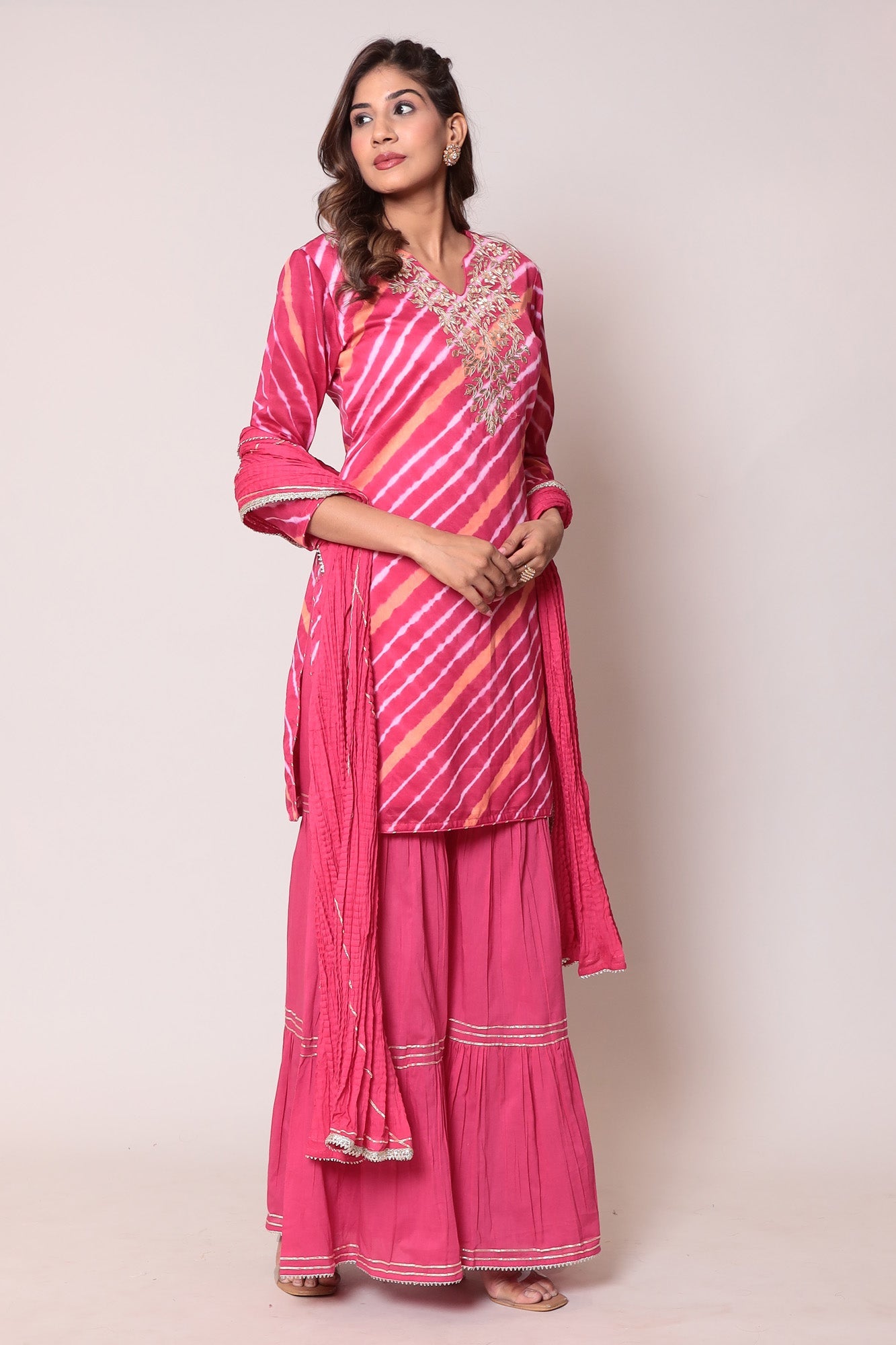 Leheriya Cotton Silk Sharara Suit with Gota Patti work.