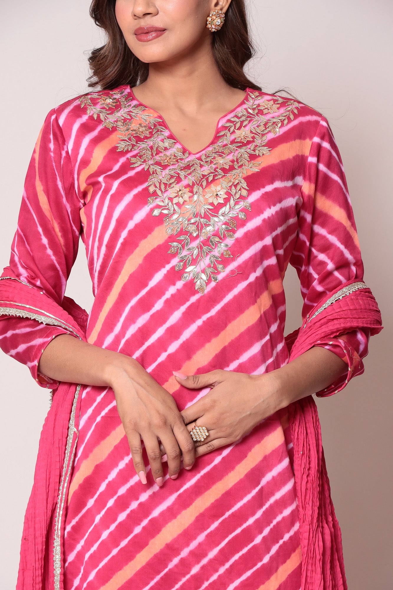 Leheriya Cotton Silk Sharara Suit with Gota Patti work.