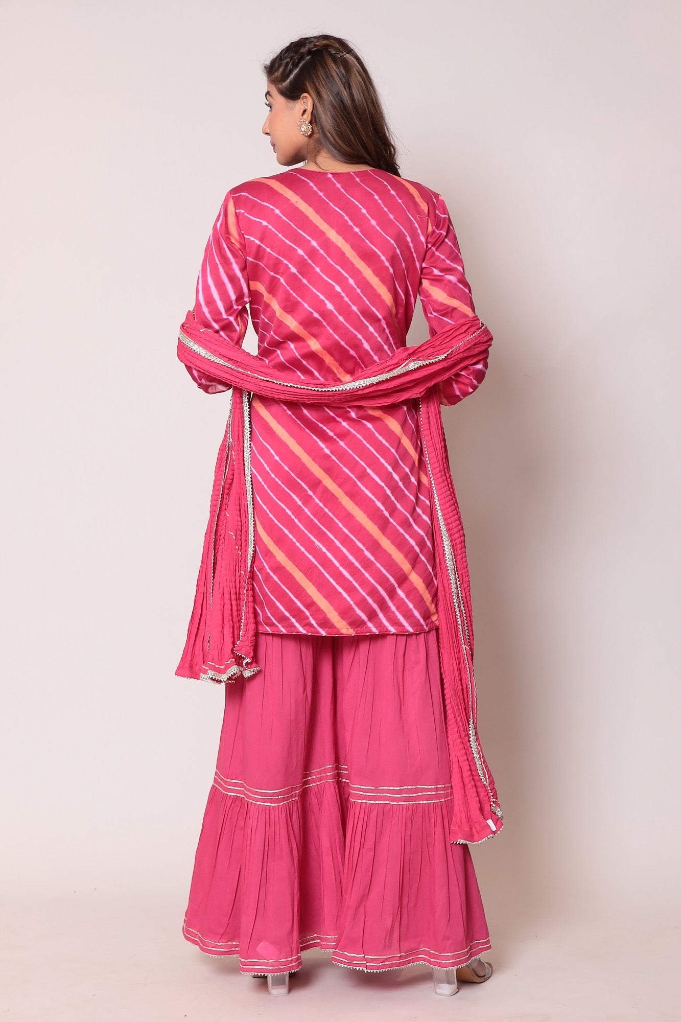 Leheriya Cotton Silk Sharara Suit with Gota Patti work.