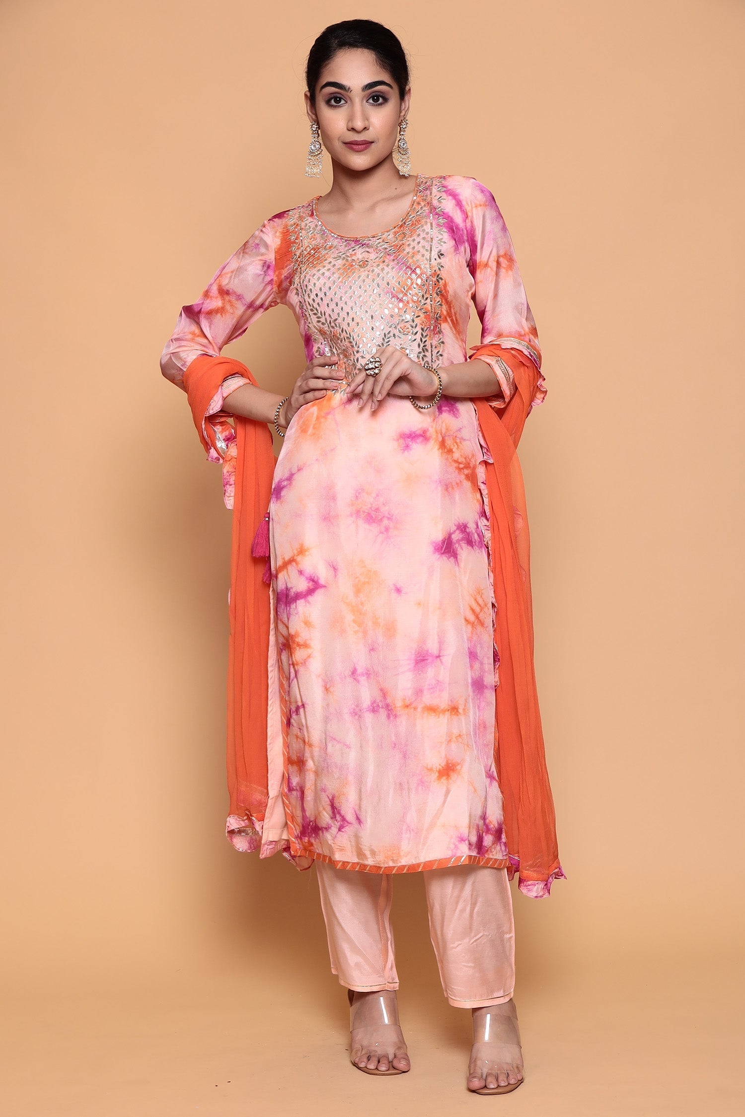 Satin silk Suit  with Gota Patti, Tie & Dye work.