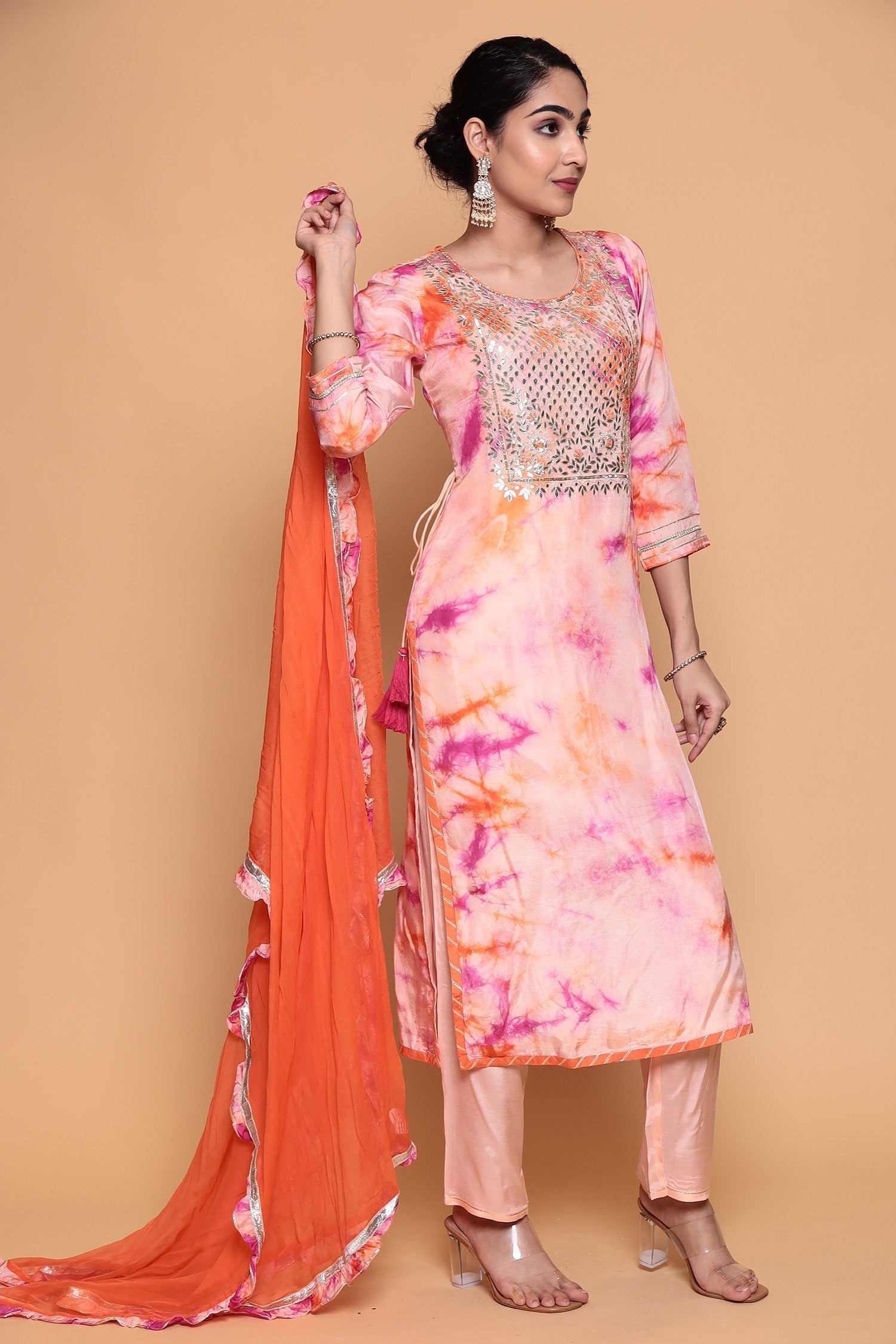 Satin silk Suit  with Gota Patti, Tie & Dye work.