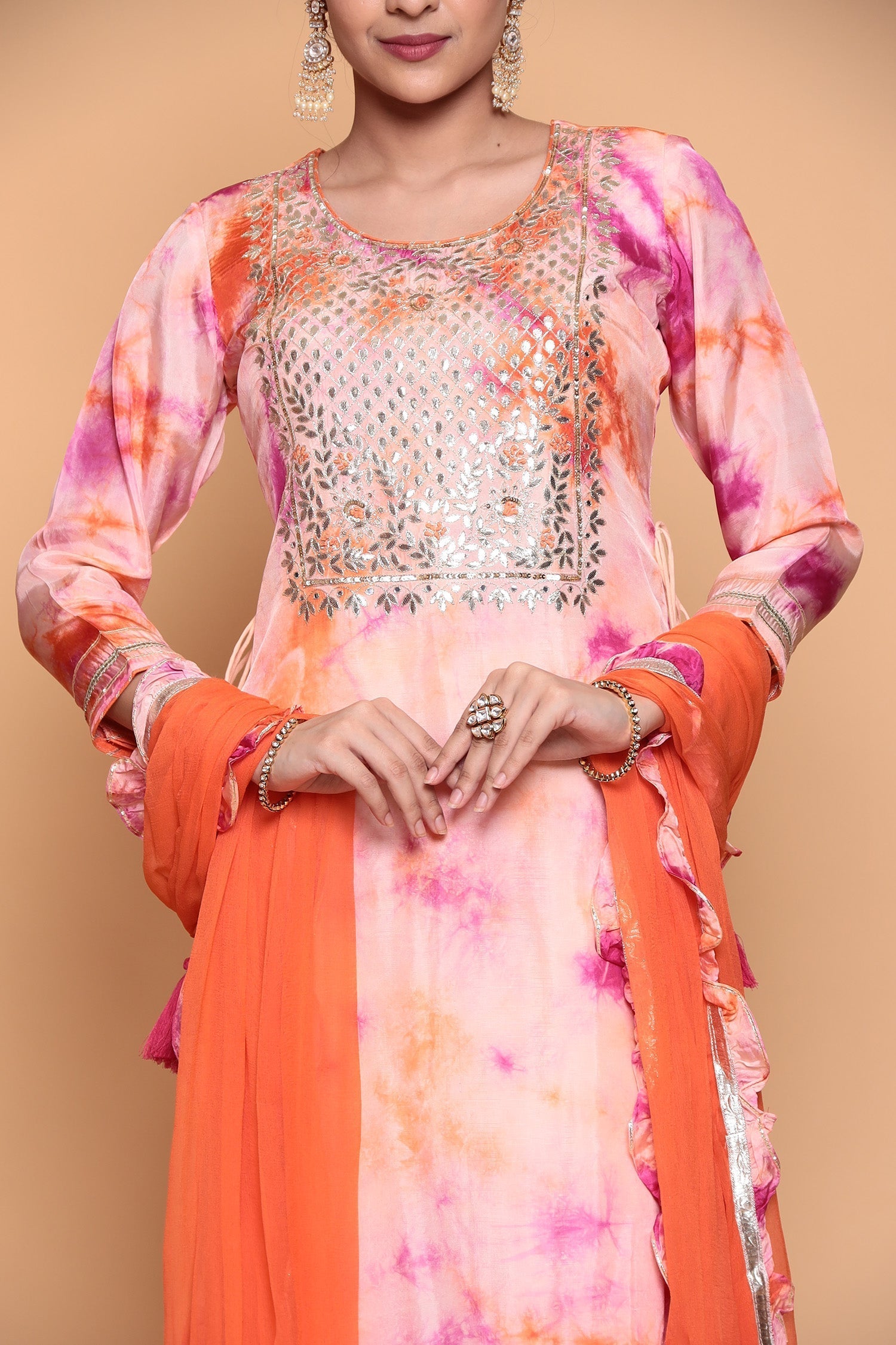 Satin silk Suit  with Gota Patti, Tie & Dye work.