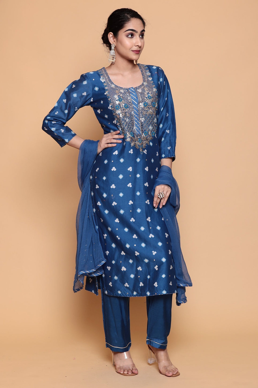 Bandhej Chanderi Suit with Gota Patti work.