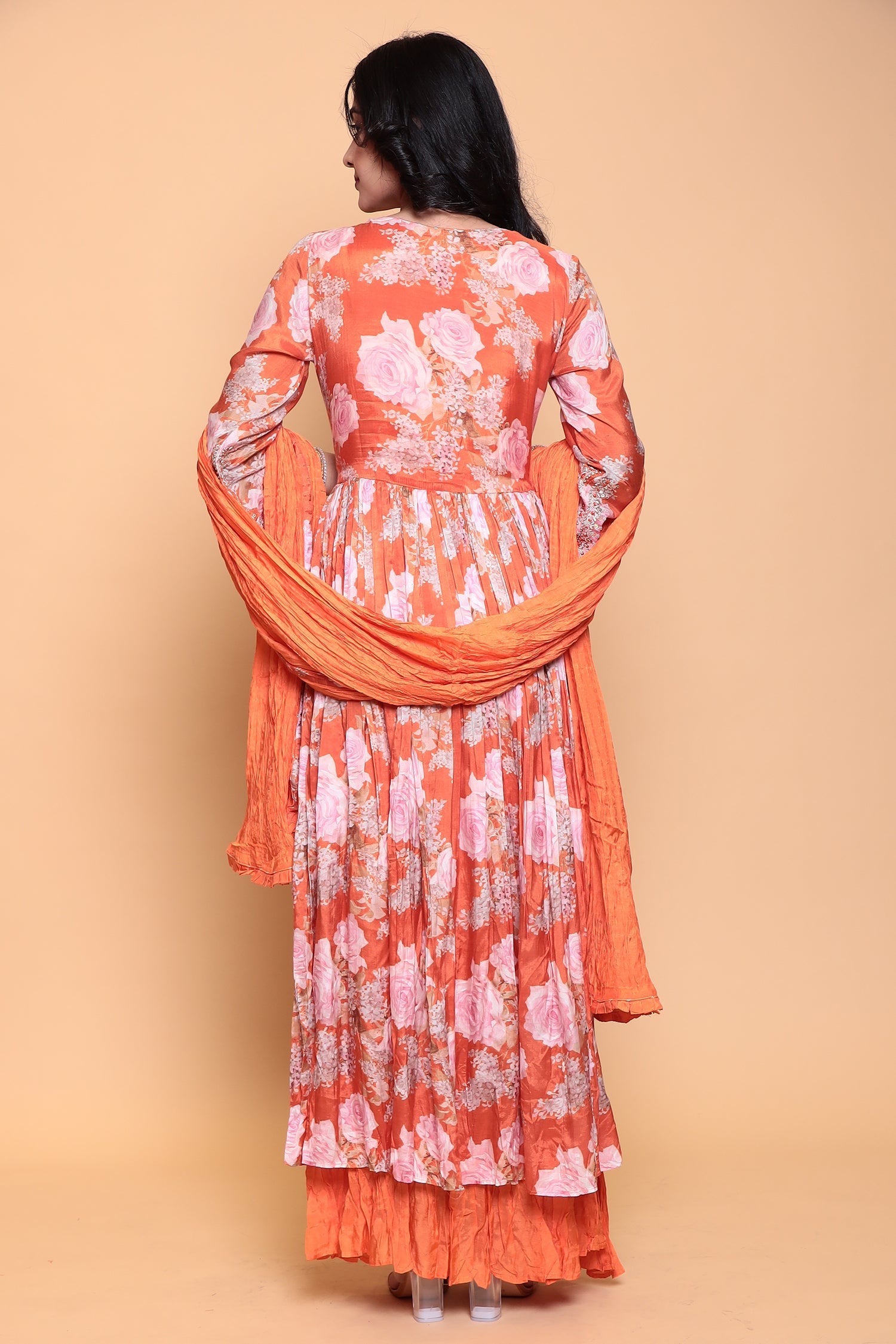 Printed Flared Anarkali Cotton silk Suit with Thread work.