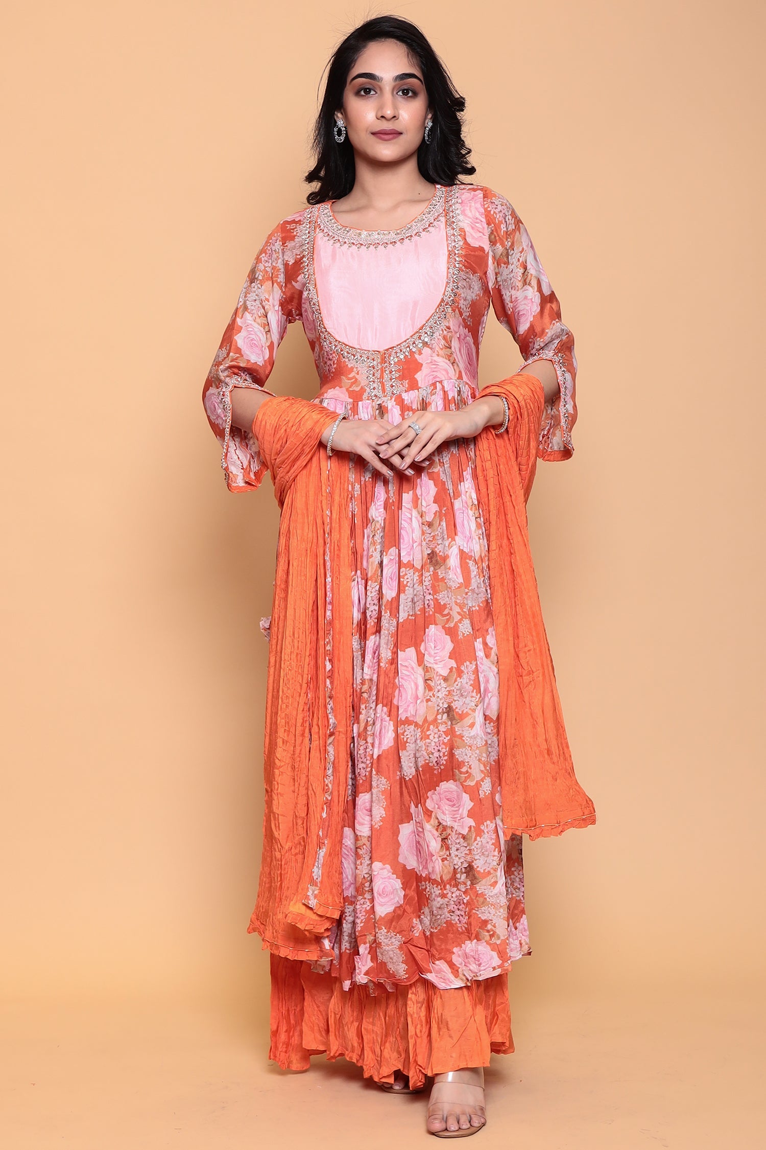 Printed Flared Anarkali Cotton silk Suit with Thread work.