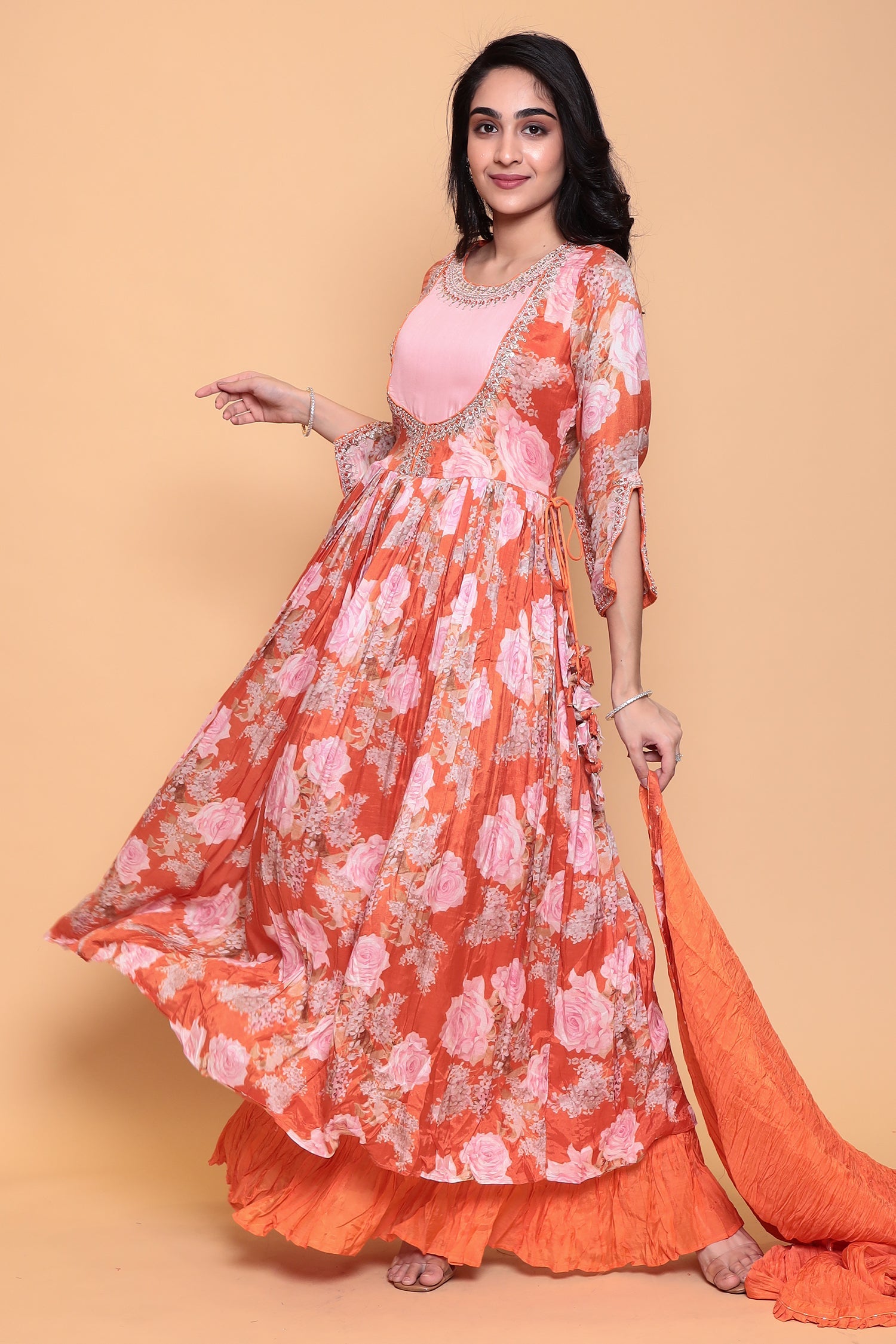 Printed Flared Anarkali Cotton silk Suit with Thread work.